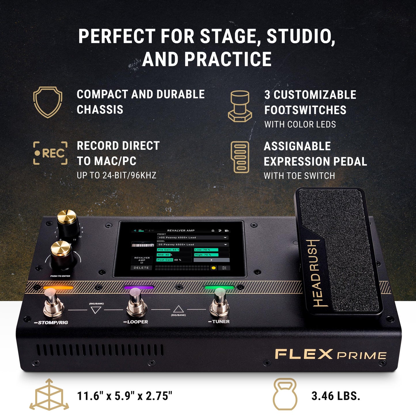 HeadRush Flex Prime - Pedal Multiefectos para Guitarra y Bajo y Procesador de Modelado de Amplis con Pantalla Táctil, Looper, WiFi, Bluetooth y USB