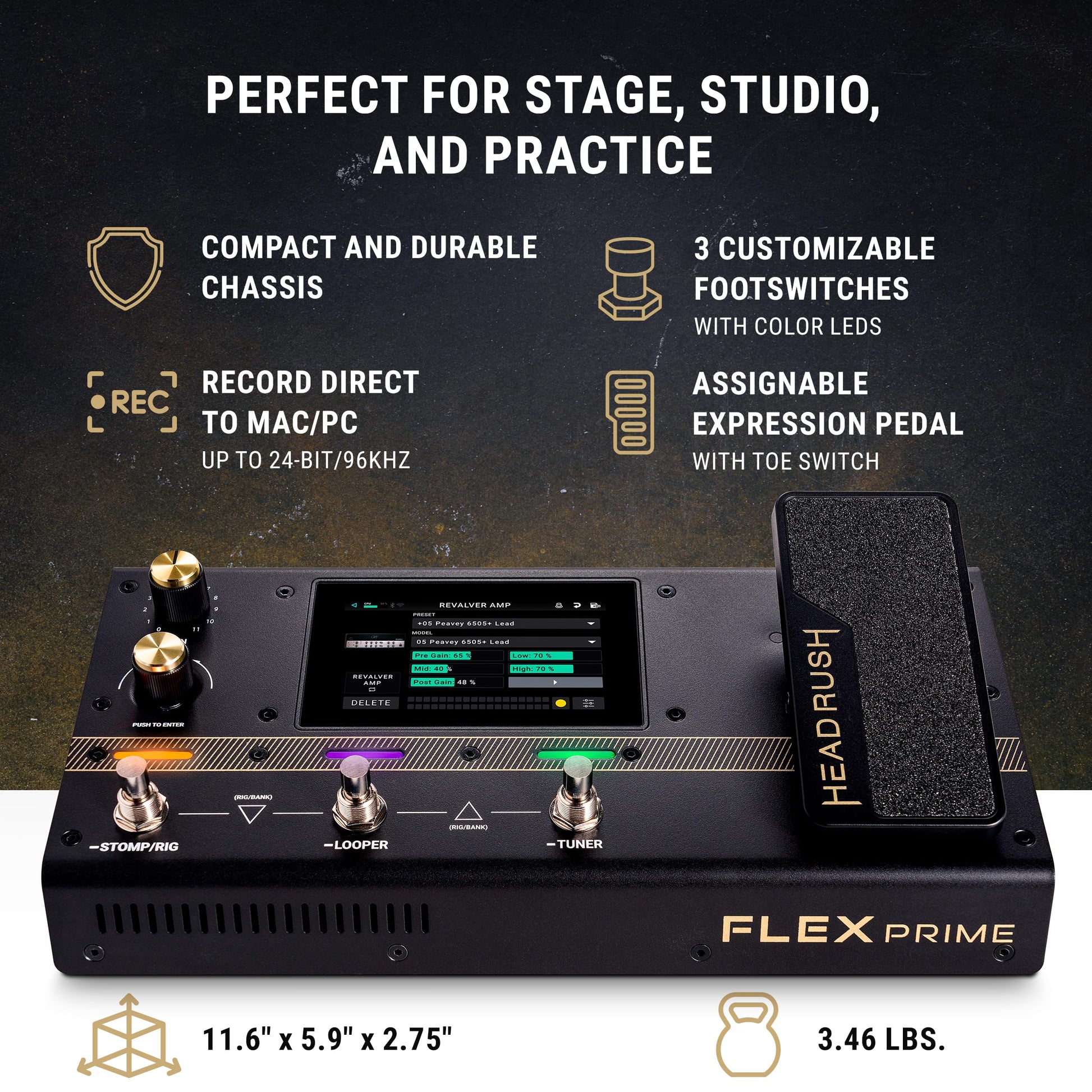 HeadRush Flex Prime - Pedal Multiefectos para Guitarra y Bajo y Procesador de Modelado de Amplis con Pantalla Táctil, Looper, WiFi, Bluetooth y USB