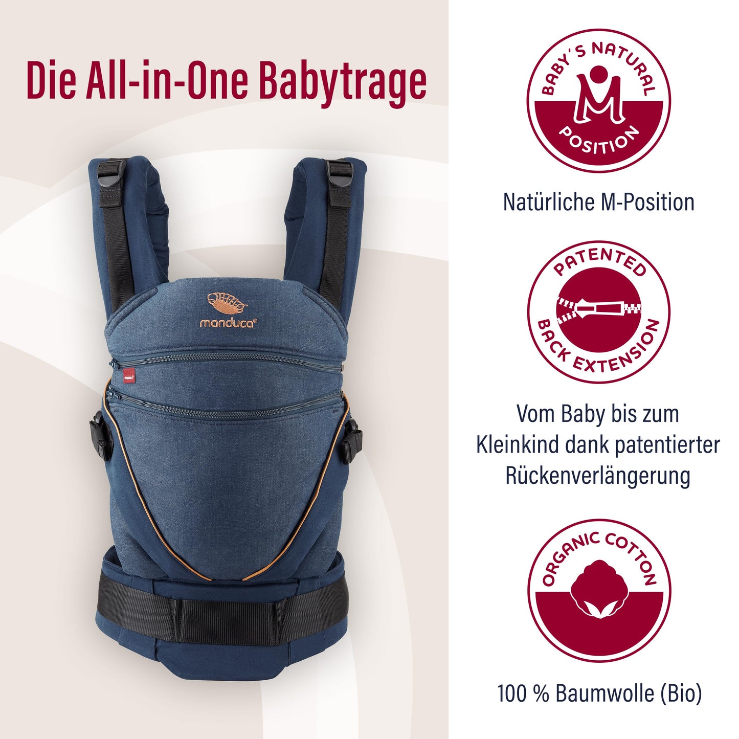 Manduca XT, portabebés con asiento ajustable, 3 posiciones de transporte (delantero, cadera y espalda), sin necesidad de inserciones para bebés, algodón orgánico, crece con tu bebé (3,5-20 kg), DenimBlue, XT Cotton