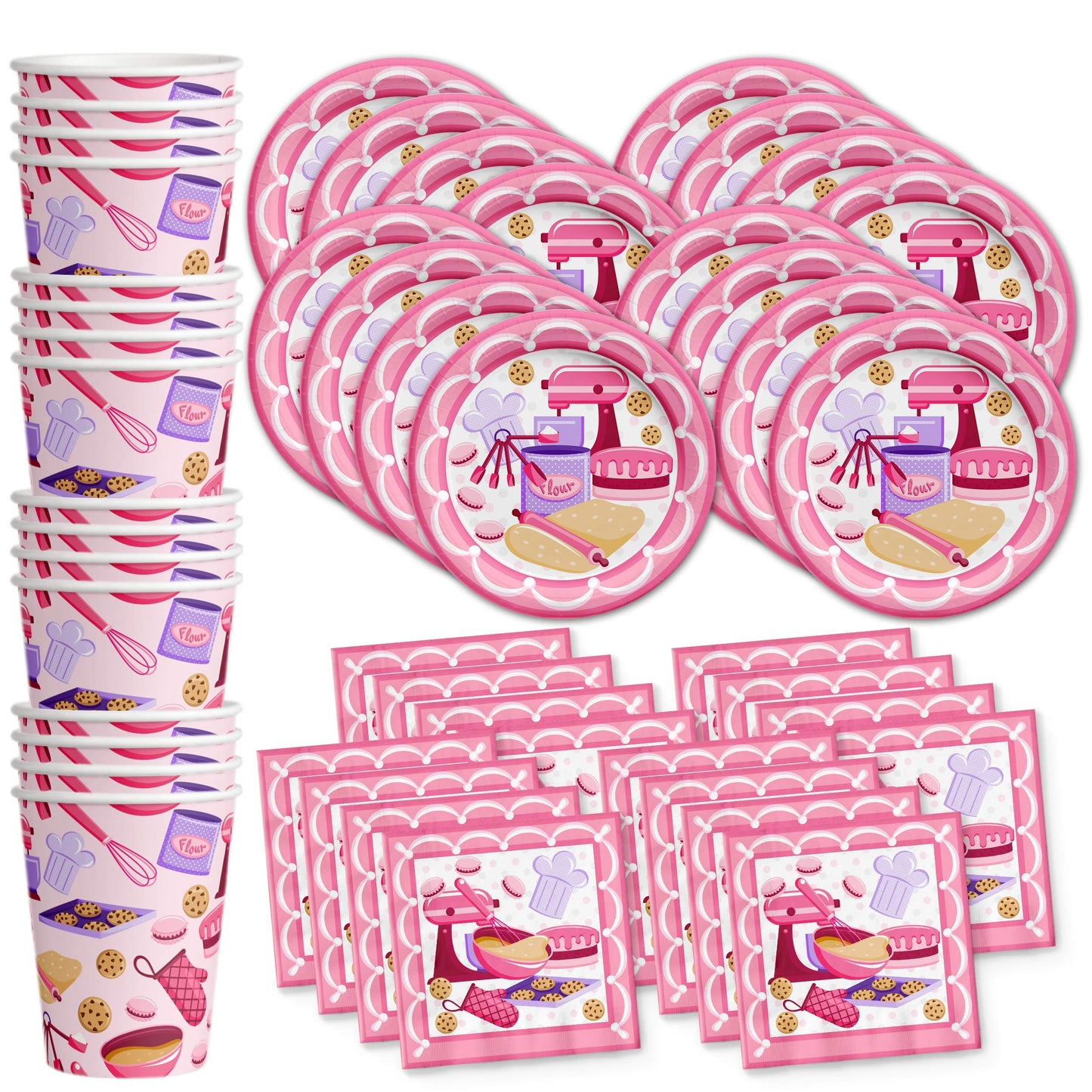 Little Baker - Juego de suministros para fiesta de cumpleaños, platos, servilletas, tazas, vajilla para 16 unidades