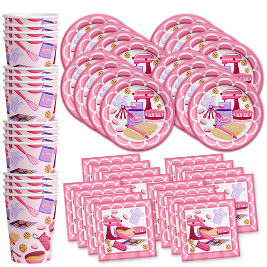Little Baker - Juego de suministros para fiesta de cumpleaños, platos, servilletas, tazas, vajilla para 16 unidades