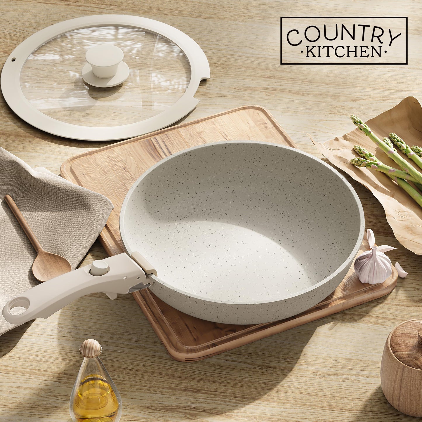 Country Kitchen Juego de ollas y sartenes de 13 piezas juego de utensilios de cocina antiadherentes mango desmontable juego de utensilios de cocina RV apto para lavaplatos/horno (crema), YFAC13RH CRM