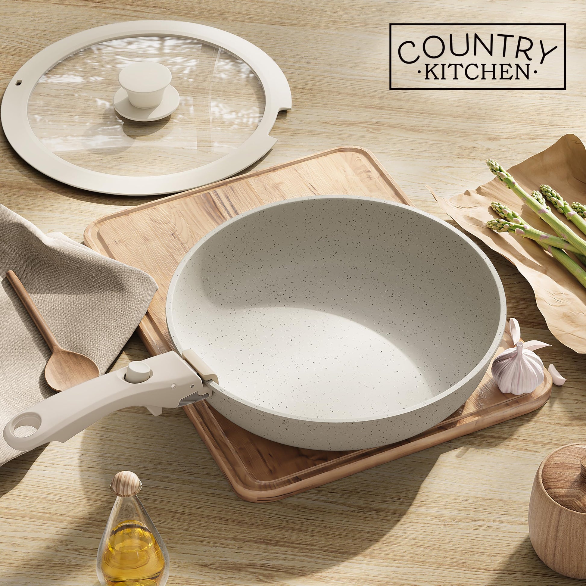 Country Kitchen Juego de ollas y sartenes de 13 piezas juego de utensilios de cocina antiadherentes mango desmontable juego de utensilios de cocina RV apto para lavaplatos/horno (crema), YFAC13RH CRM