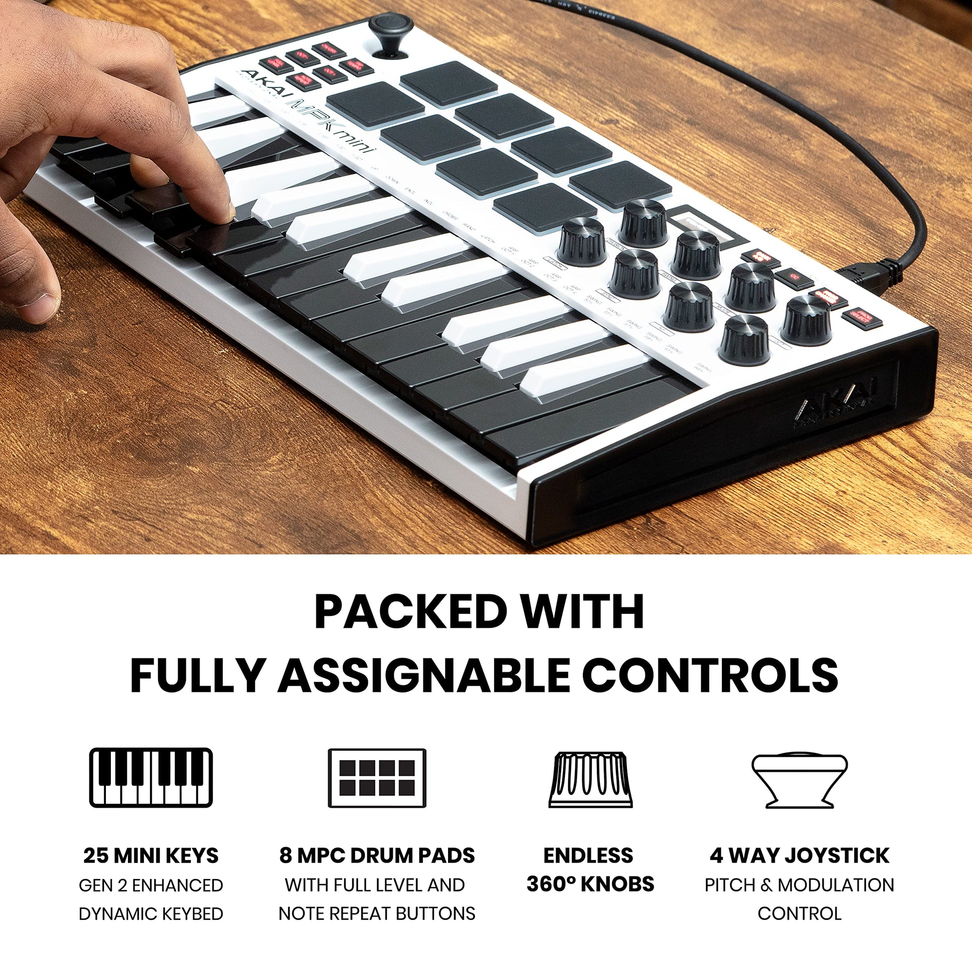 Akai Professional MPK Mini MK3 - Teclado Controlador MIDI USB de 25 Teclas con 8 Drum Pads, 8 Perillas, Software de Producción Musical y Native Instruments Sound Package (NKS Integration), Blanco