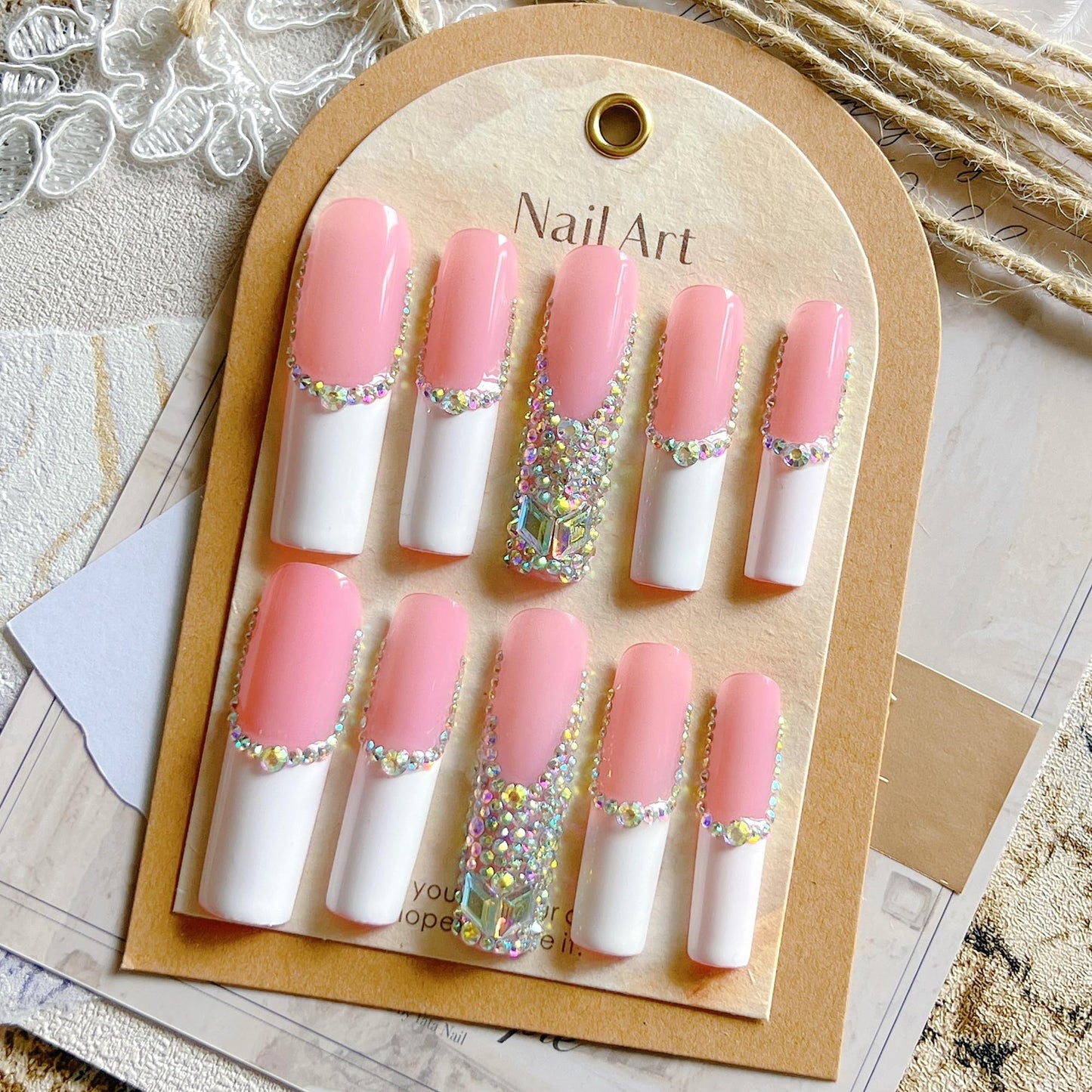 NAIL ANGEL 10 Unids/Set Glamorous Hecho A Mano Prensa En Las Uñas Brillo Rhinestone Largo Ataúd Uñas de Fiesta Uñas Xxl Largo Artificio Consejos Zj-01 (S)