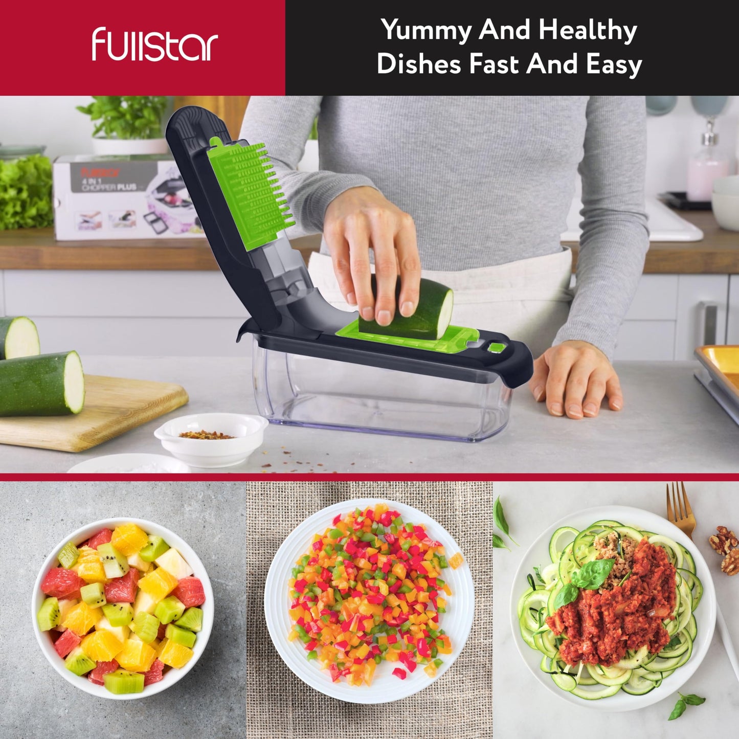 Fullstar - Picador de verduras y espiralizador - Picador de alimentos con contenedor, rebanador de frutas, utensilios de cocina y accesorios, esenciales para el hogar (2 en 1, gris/verde)