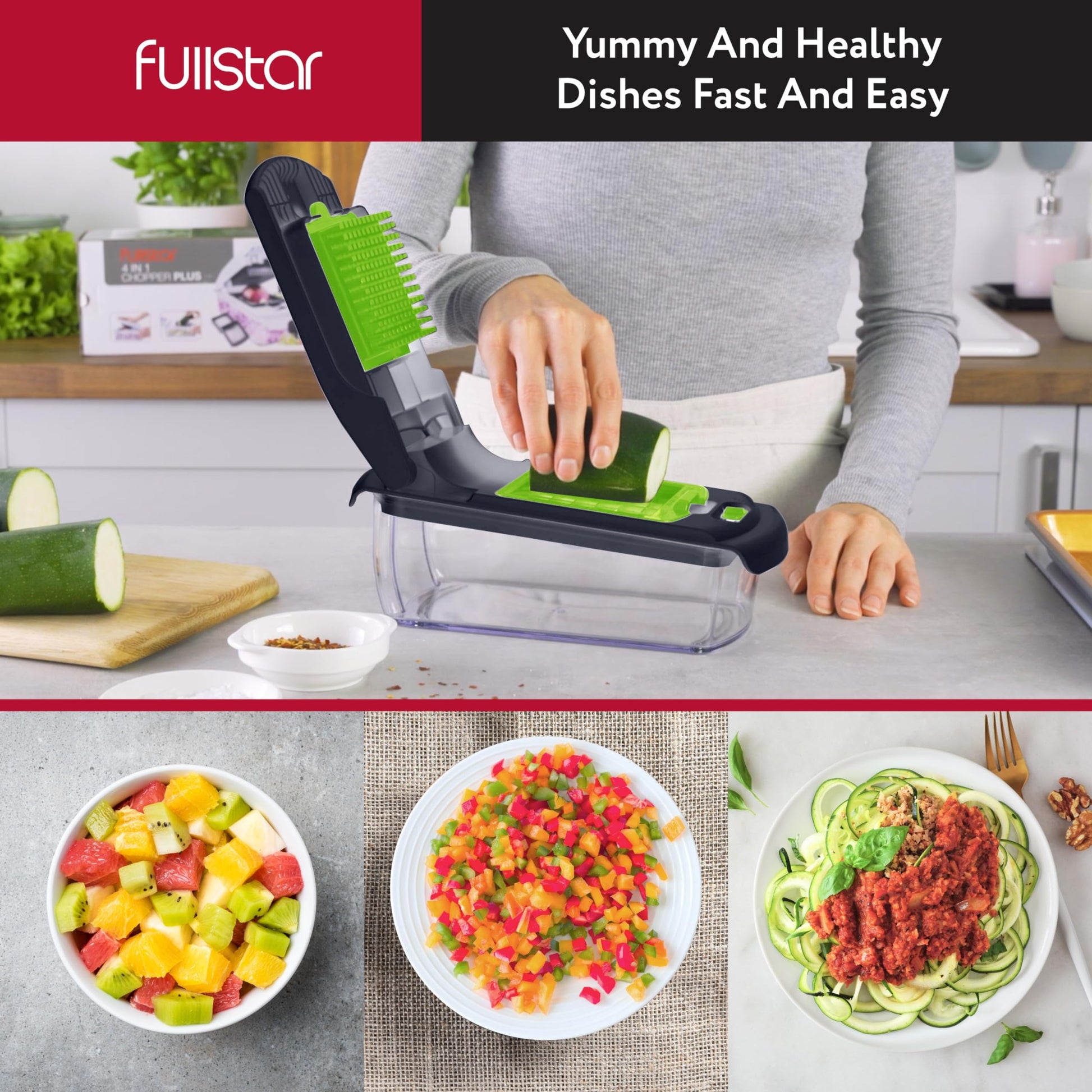 Fullstar - Picador de verduras y espiralizador - Picador de alimentos con contenedor, rebanador de frutas, utensilios de cocina y accesorios, esenciales para el hogar (2 en 1, gris/verde)