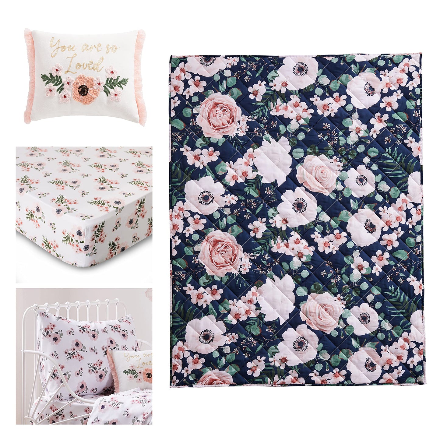 Levtex Baby - Juego de cama Fiori para niños pequeños - Negro, rubor, rosa, blanco - Floral atrevido - Juego de 5 piezas que incluye edredón reversible, sábana bajera, sábana encimera, funda de almohada, pila decorativa