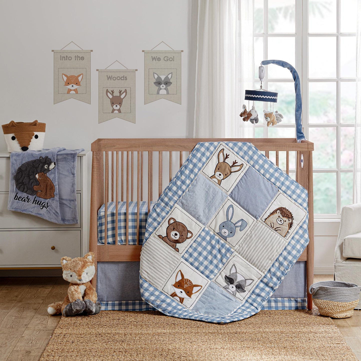 Levtex Baby - Juego de cama para cuna Forest Friends - Juego de guardería para bebé - Gingham - Azul y blanco - Retratos de animales - Set de 5 piezas incluye edredón, dos sábanas ajustables, adhesivo