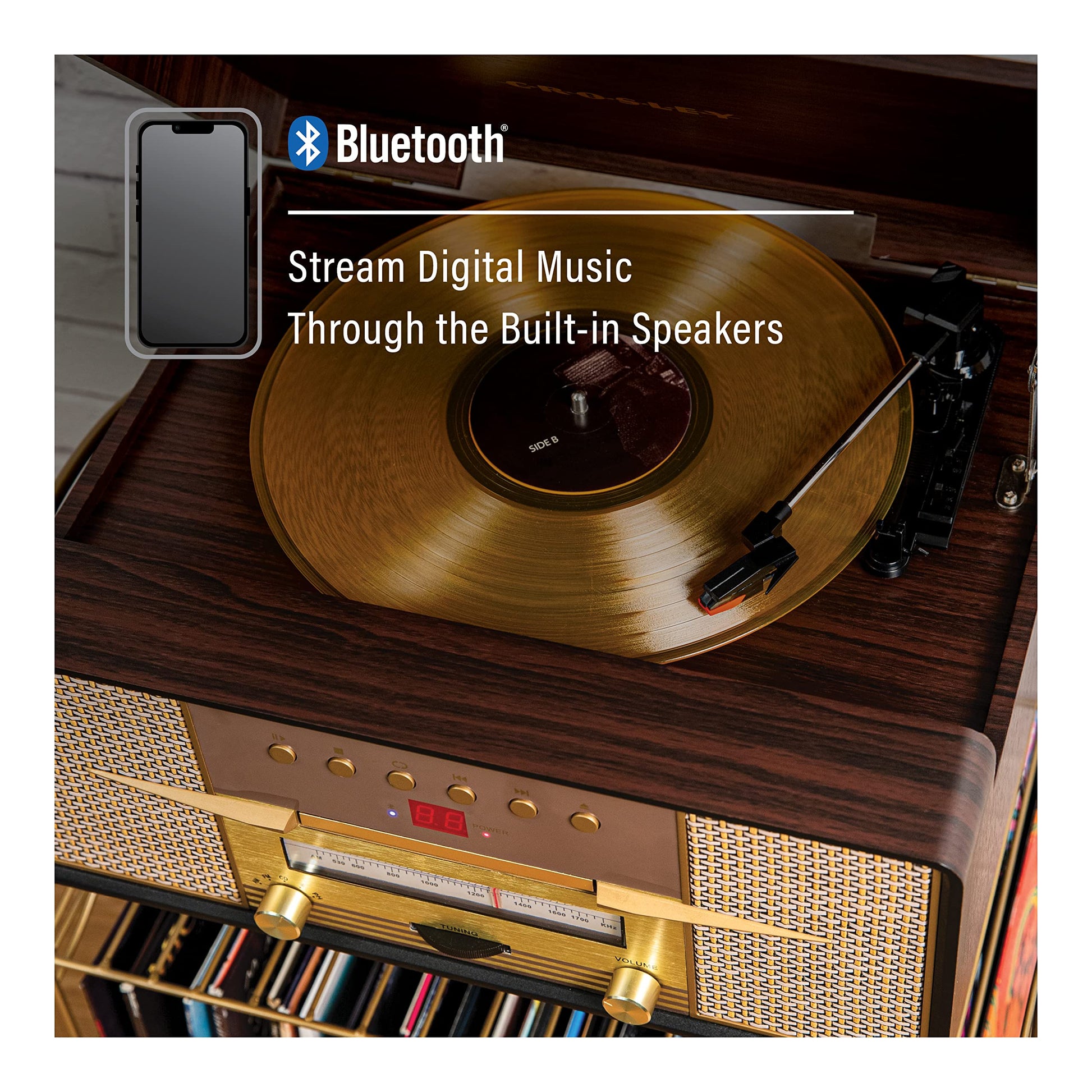 Crosley CR7016A-MA Rhapsody - Tocadiscos de 3 velocidades con Bluetooth, Radio Am/FM, Reproductor de CD y Entrada Auxiliar, Caoba