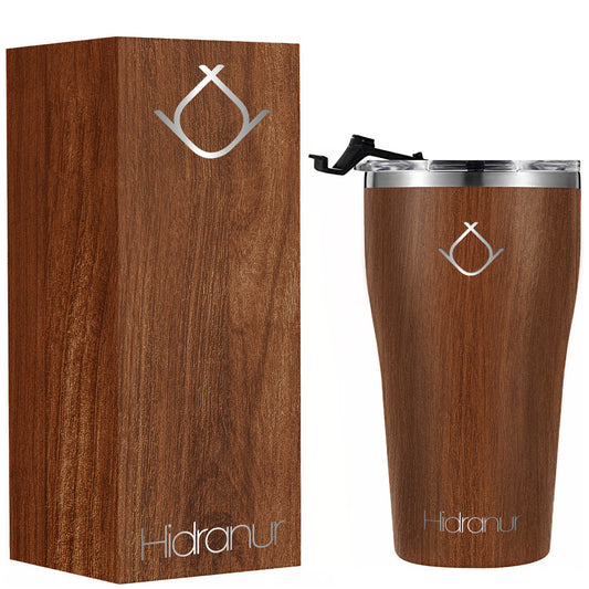 Hidranur Termo de Acero Inoxidable Doble Aislamiento Térmico, Termo 20 oz (591.471 ml), Termo para Café, Tapa Hermética Antifugas, Popote Incluido (Madera, 20 Oz (591.471 ml))