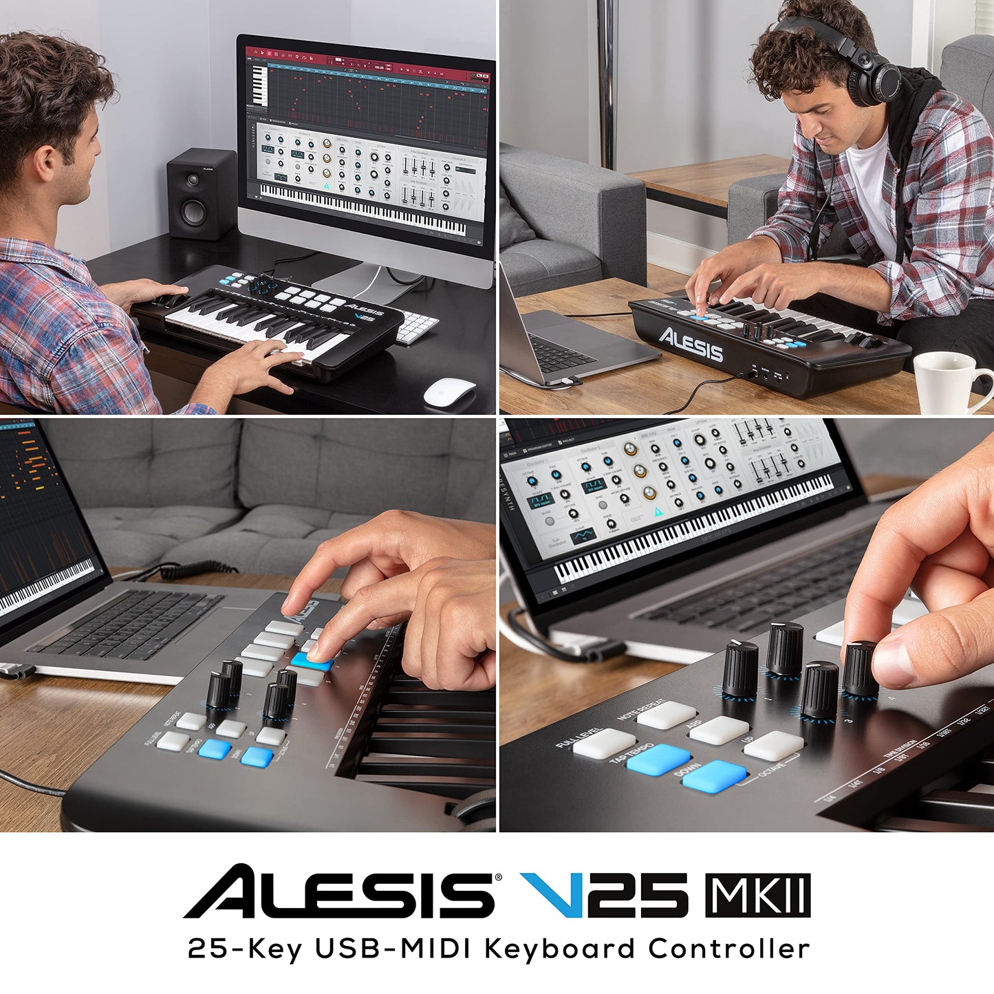 Alesis V25 MKII - Teclado Controlador MIDI USB, 25 teclas sensibles a la velocidad, 8 Pads con Full Level, Arpegiador, Rueda Pitch/Mod, Note Repeat y Suite de software