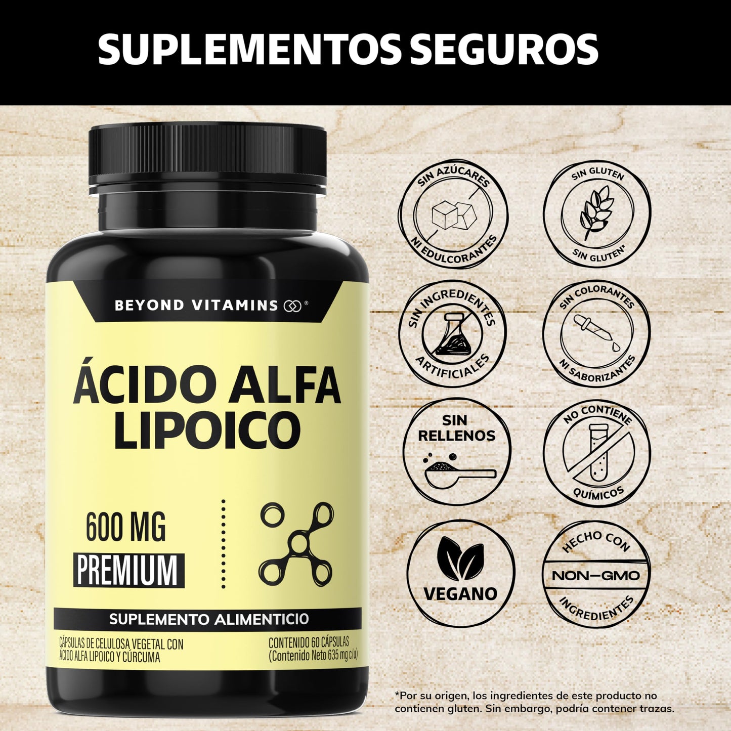 Beyond Vitamins | Ácido Alfa Lipóico (ALA) 600mg por cápsula, potenciado con Cúrcuma | Alpha Lipoic Acid de 1 sóla cápsula al día | 2 meses | Cápsulas Veganas, apto para todas las dietas