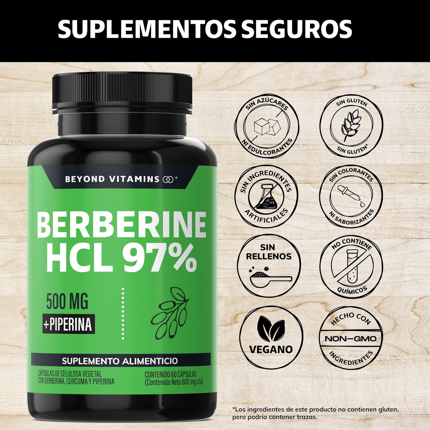 Berberina HCL 97% | 500mg de Berberina Clorhidrato, potenciado con Piperina al 97% y Cúrcuma | Berberine 60 cápsulas