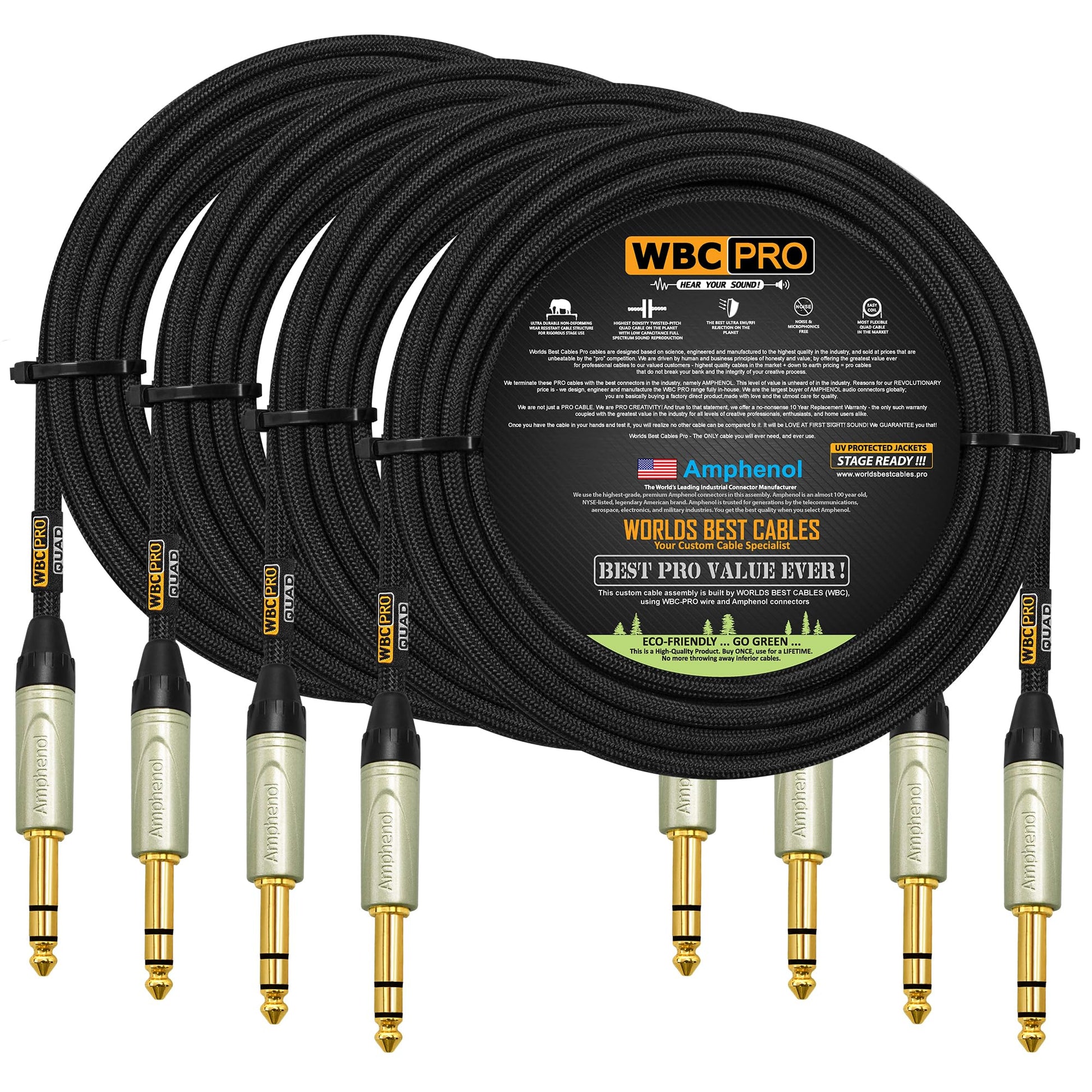 Cable Balanced Star-Quad WBC-PRO Negro Ultra Silencioso Ultra Flexible con Conectores Amphenol de Oro (4 Unidades, 18 Pies)
