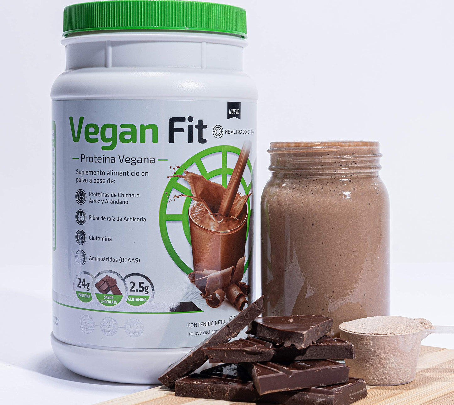 HEALTHADDICTION Proteína Vegana - Delicioso Sabor Chocolate, Con Glutamina y Aminoácidos, 24g de Proteína y 2.5g de Glutamina - Ingredientes Naturales, 600g