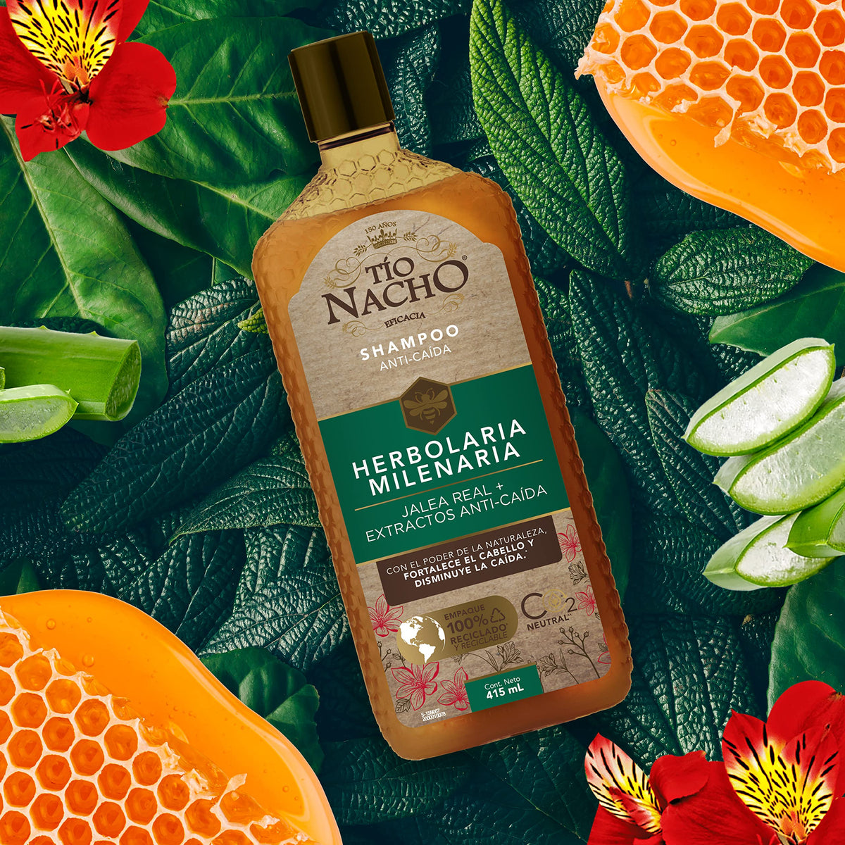 Tío Nacho HERBOLARIA MILENARIA, Shampoo JALEA REAL, extractos de CHILE, BARDANA, ALOE VERA y JOJOBA, Anti-Caída gracias al poder de la naturaleza fortalece el cabello y disminuye la caída, Fortalecimiento Capilar,100% reciclados y reciclables 1 L