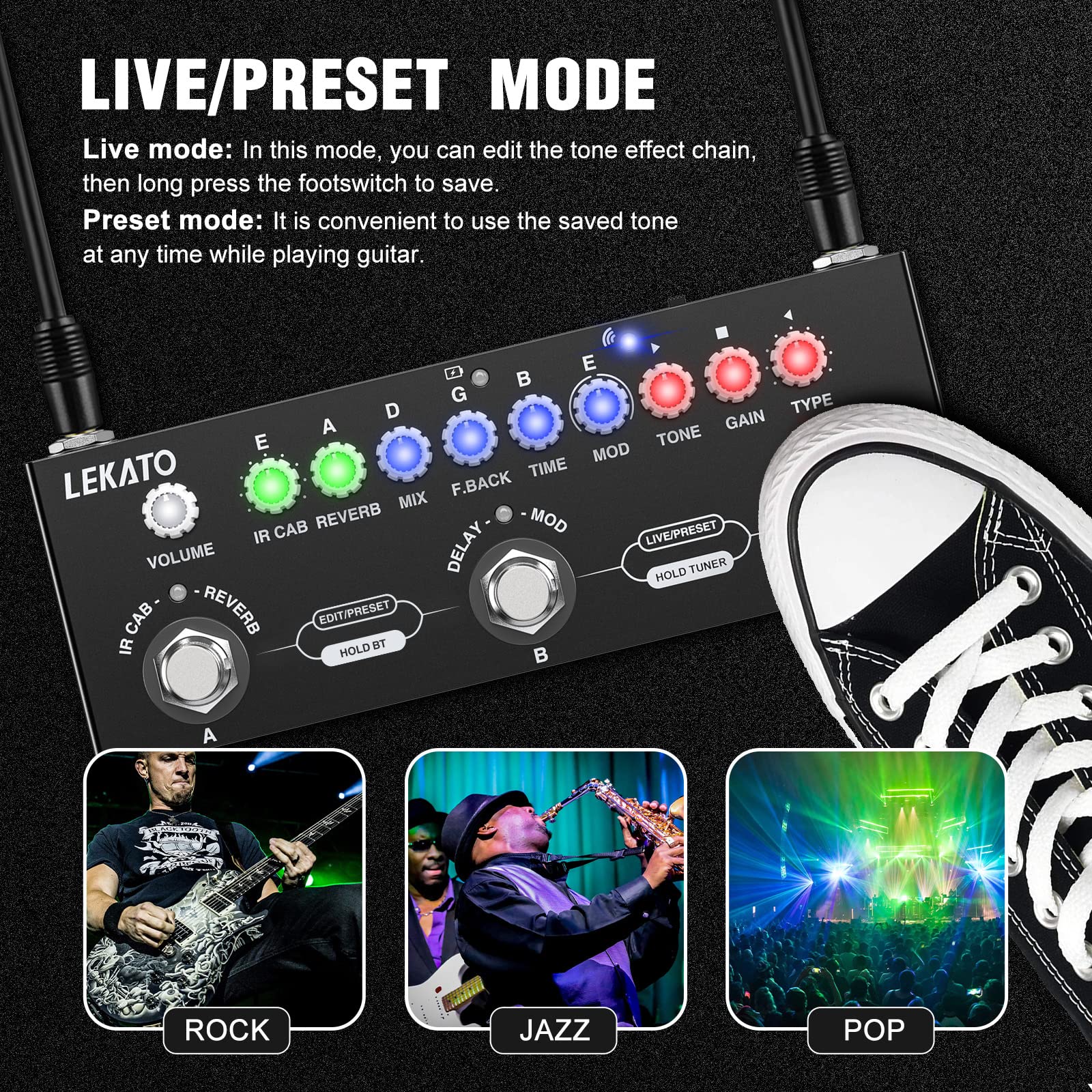 LEKATO - Pedal de guitarra multiefectos, con carga IR de 9 modelos AMP, pedal de sobremarcha de distorsión de reverberación retardada, efectos de guitarra eléctrica recargable, grabación de soporte