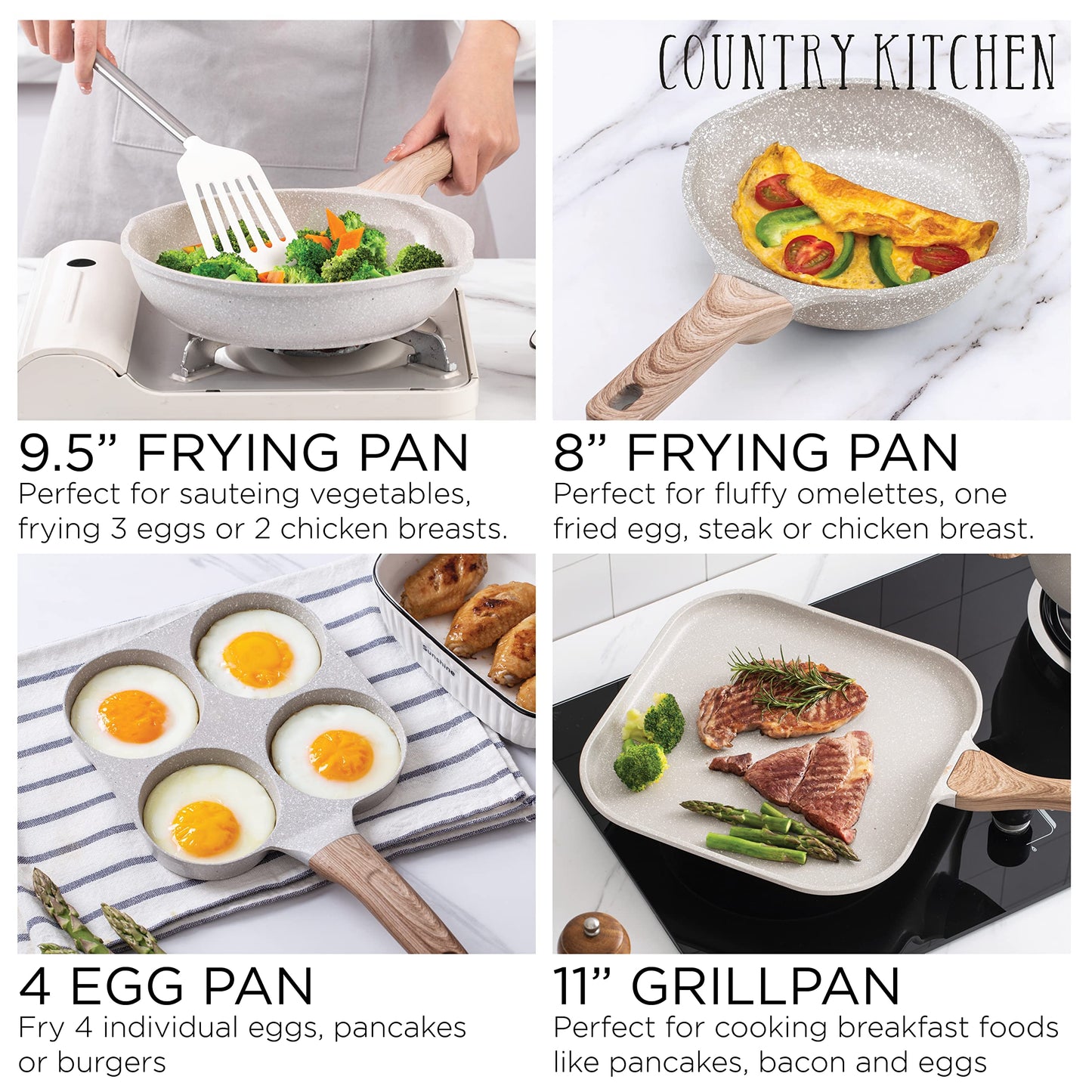 Country Kitchen - Juego de utensilios de cocina antiadherentes de inducción 13 ollas y sartenes de aluminio con asas BAKELITE - Ollas de inducción y sartenes con tapas de vidrio Crema (YCASPF9 CRM)