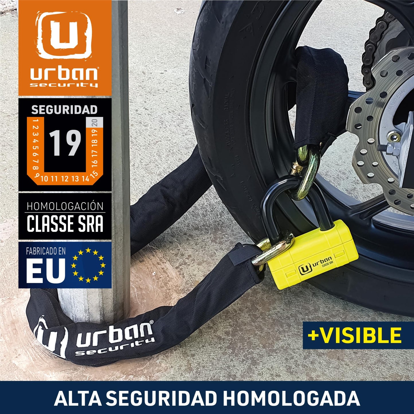 urban UR74120 Candado Cadena Antirrobo Moto Alta Seguridad Homologado Classe SRA, Mini U Bloqueo Disco + Cadena ø13.5, 120 cm, Amarillo