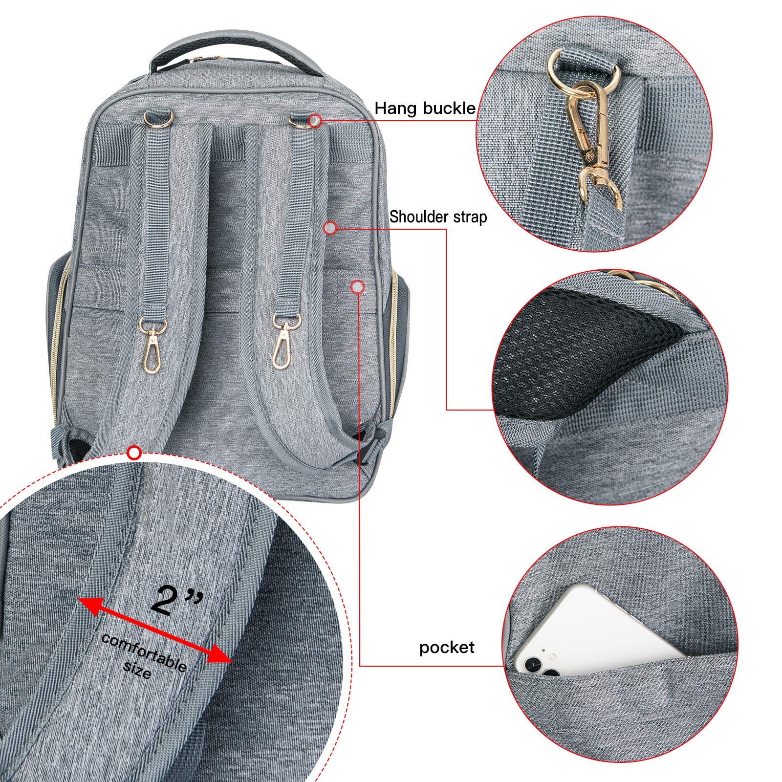 Mochila de extracción de leche para pañales, mochila multifunción para trabajo al aire libre con bolsillo aislante, gris, L