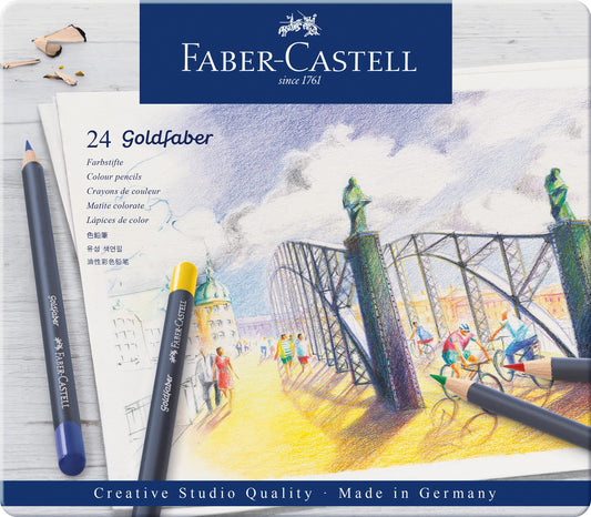 Faber-Castell Colores Goldfaber para Arte con 24 colores elaborados con excelente resistencia a la luz y a caídas, son ideales para artistas profesionales y aficionados que buscan proyectos creativos