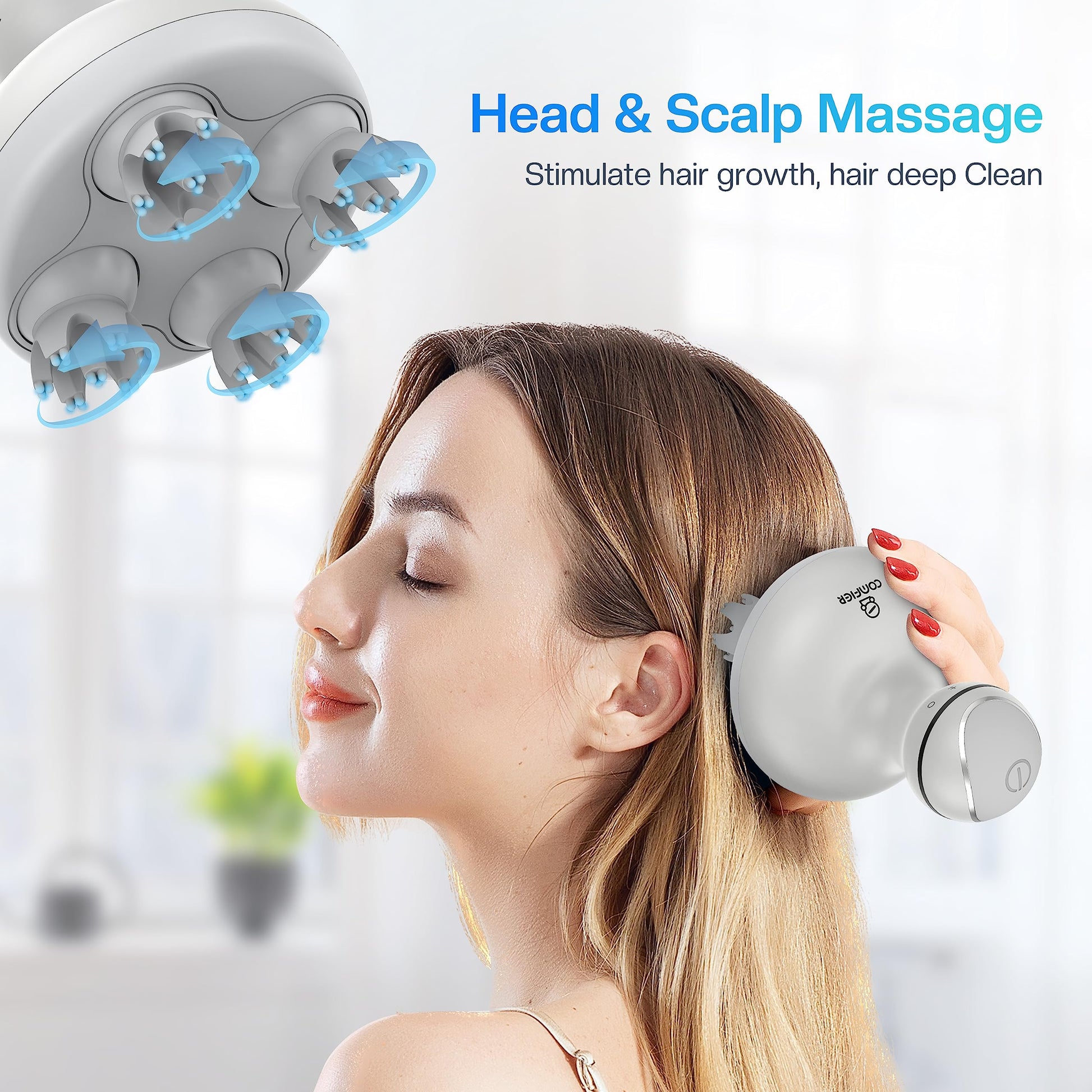 COMFIER Masajeador Eléctrico Para Cuero Cabelludo, Masajeador De Cabeza Con 4 Cabezales De Masaje De Silicona Suave, Masajeador Portátil Para El Crecimiento Del Cabello, Aliviar El Estrés, R