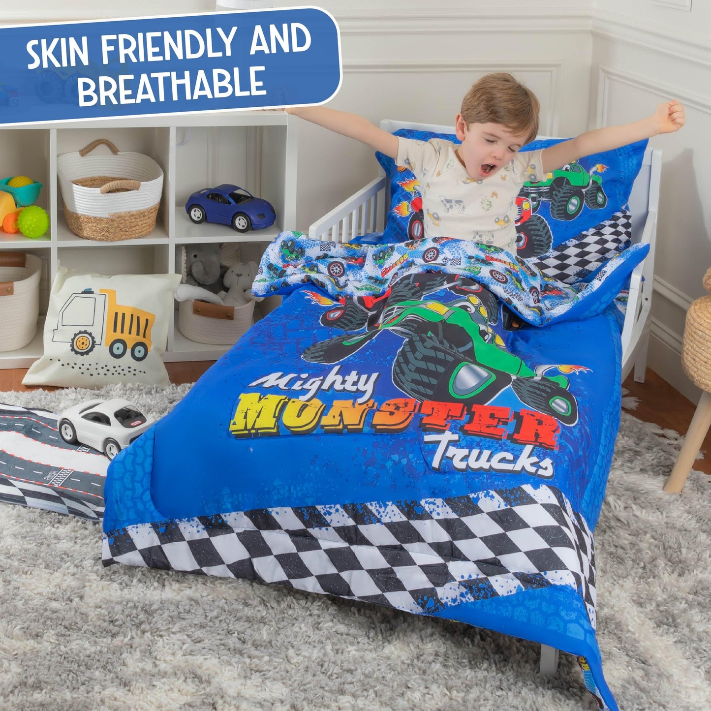 Todays Kids Monster Trucks - Juego de ropa de cama infantil para niños, juego de edredón de 4 piezas para niños, edredón reversible y funda de almohada, sábana encimera, sábana bajera, microfibra