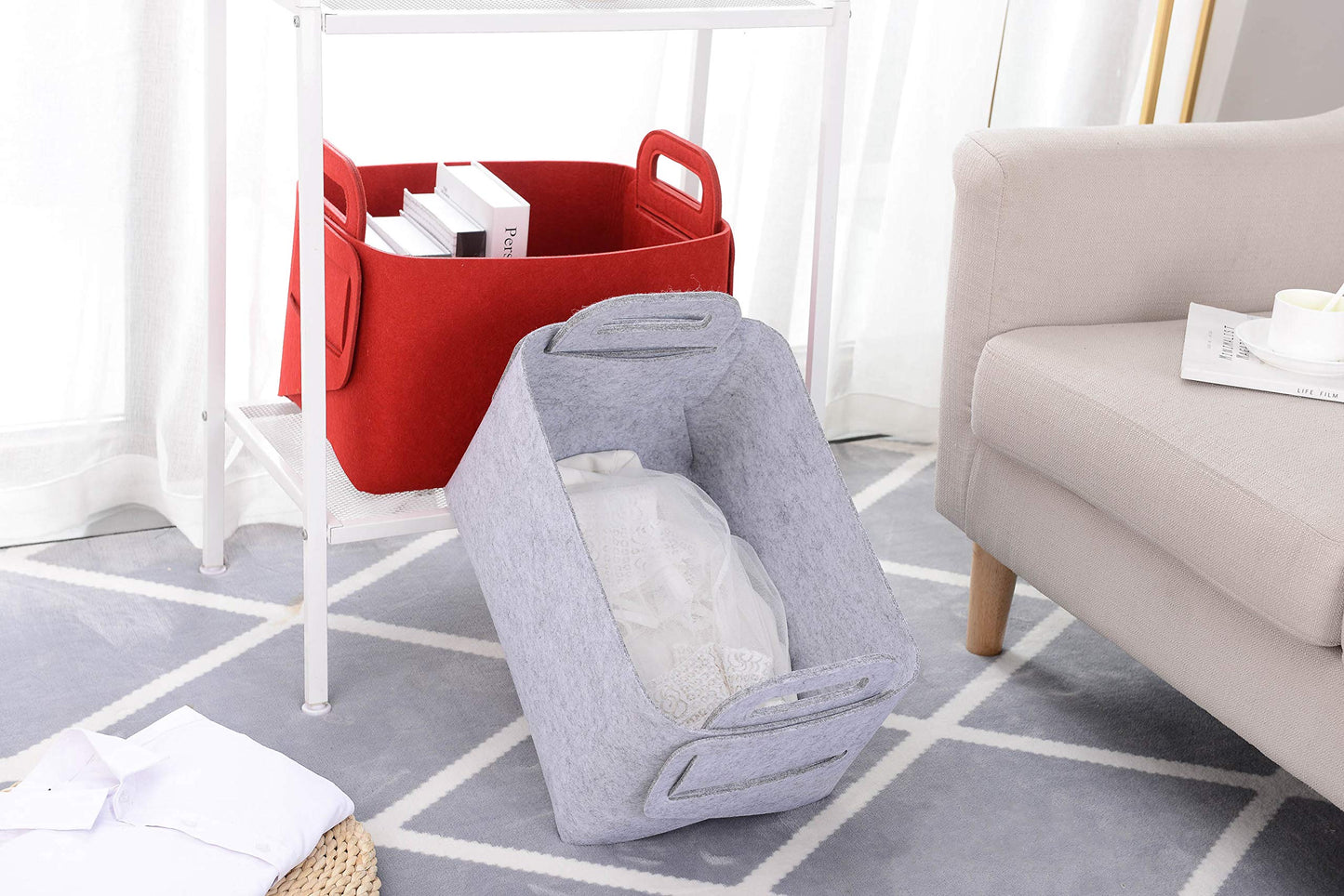 Minoisome - Cesta de almacenamiento de fieltro plegable y conveniente organizador de caja con asas de transporte para oficina, recámara, clóset, bebés, guardería, juguetes de lavandería (rojo, 18