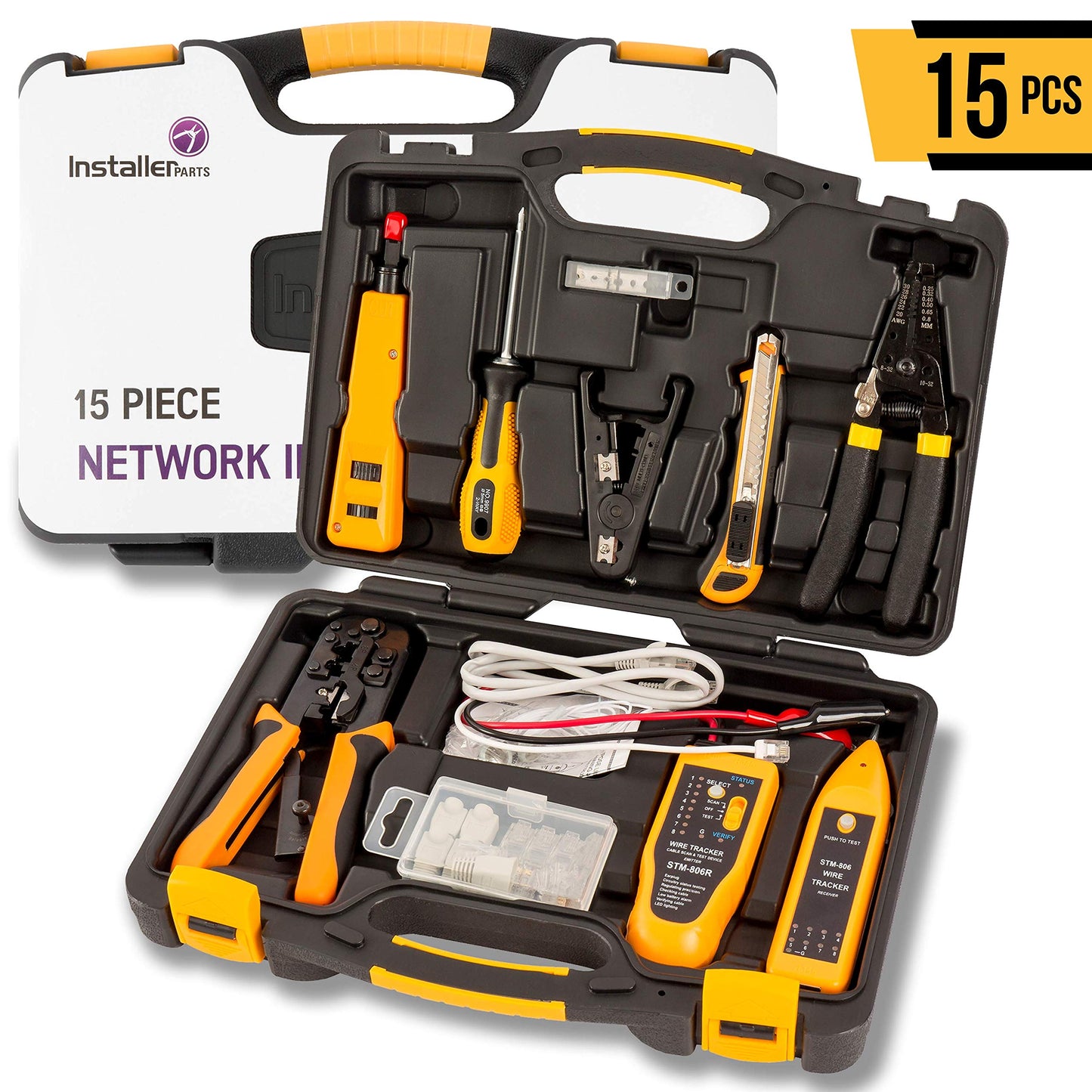 InstallerParts Kit de herramientas de instalación de red de 15 piezas, incluye probador de datos LAN, crimpadora RJ11/45, punzonador 66 110, pelacables de calibre 20-30, cuchilla multiusos, desatornillador 2 en 1, y estuche duro