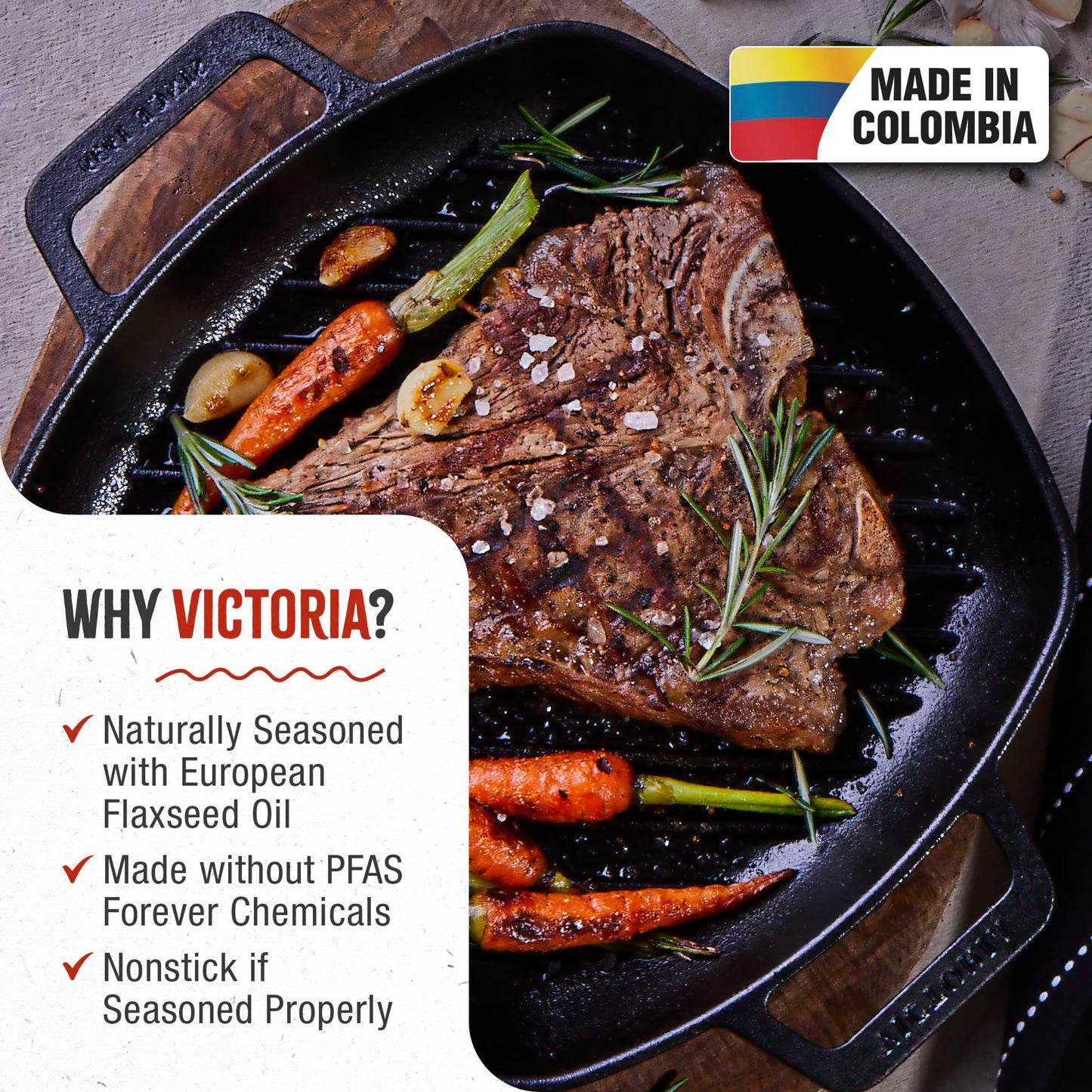 Parrilla Cuadrada Victoria Negro de Hierro Fundido con Asas de Doble Bucle y Mango para Mujer