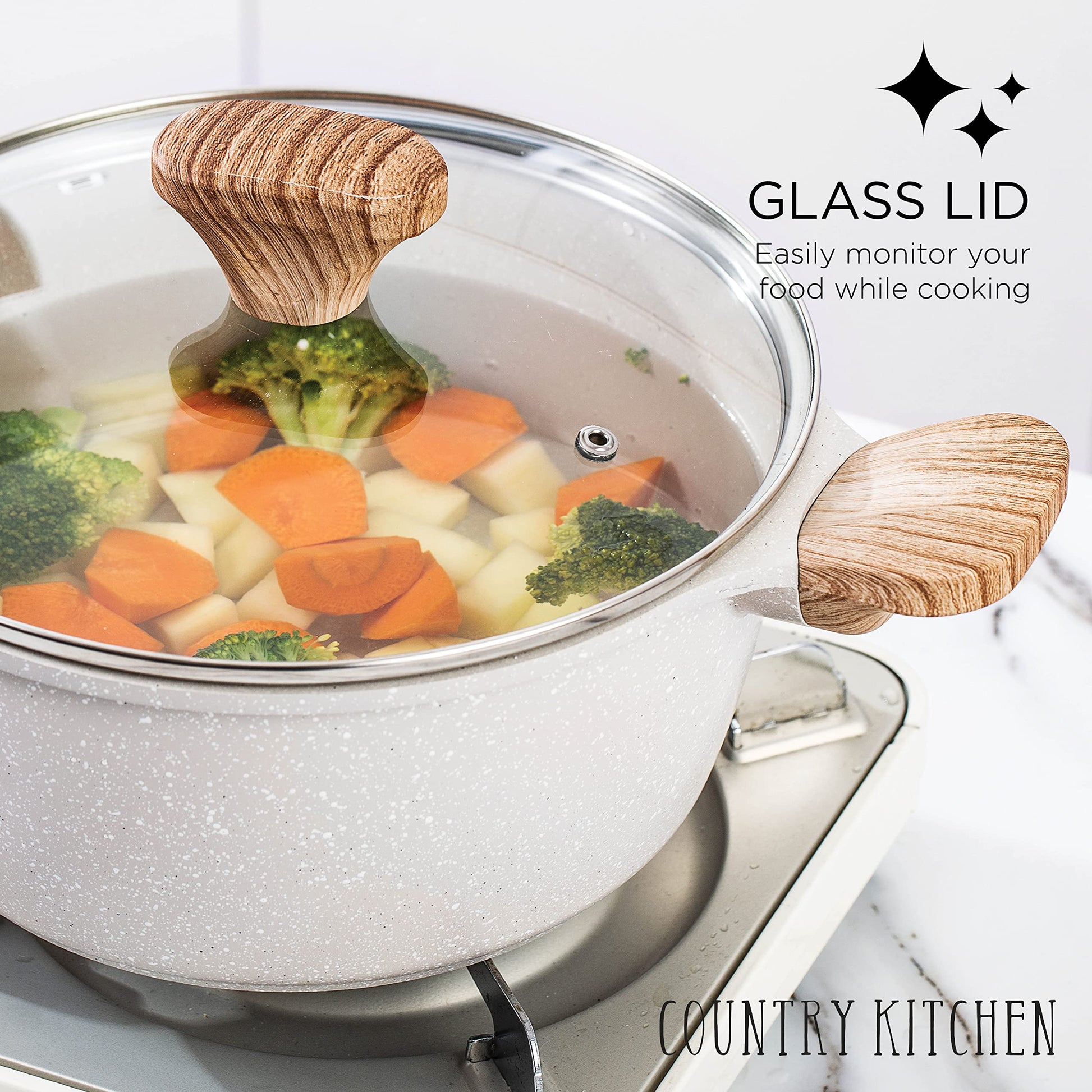 Country Kitchen - Juego de utensilios de cocina antiadherentes de inducción 13 ollas y sartenes de aluminio con asas BAKELITE - Ollas de inducción y sartenes con tapas de vidrio Crema (YCASPF9 CRM)