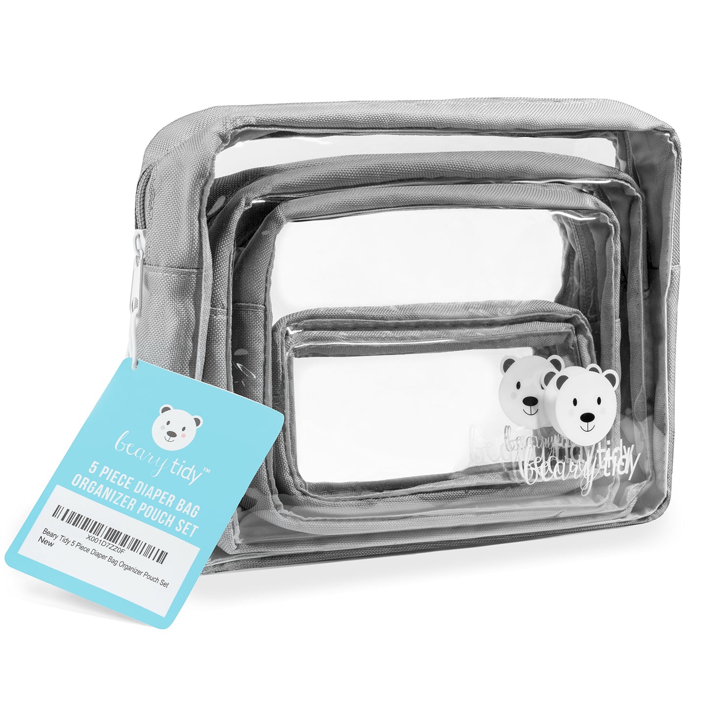 Beary Tidy Juego de 5 bolsas organizadoras para pañales, transparente con cremalleras y nestable