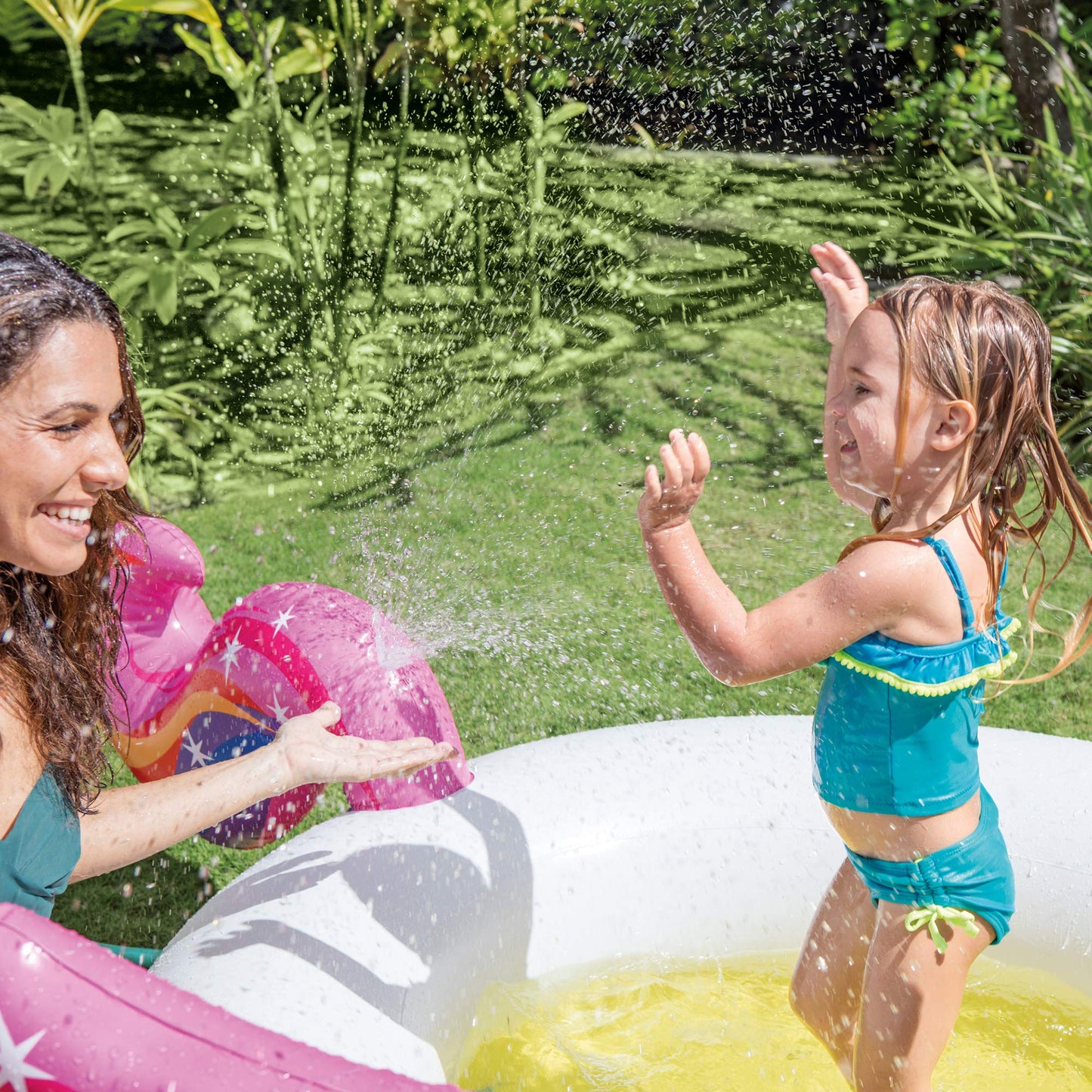 Intex- Inflable de unicornio , para alberca , 107" X 76" X 41", para mayores de 2+