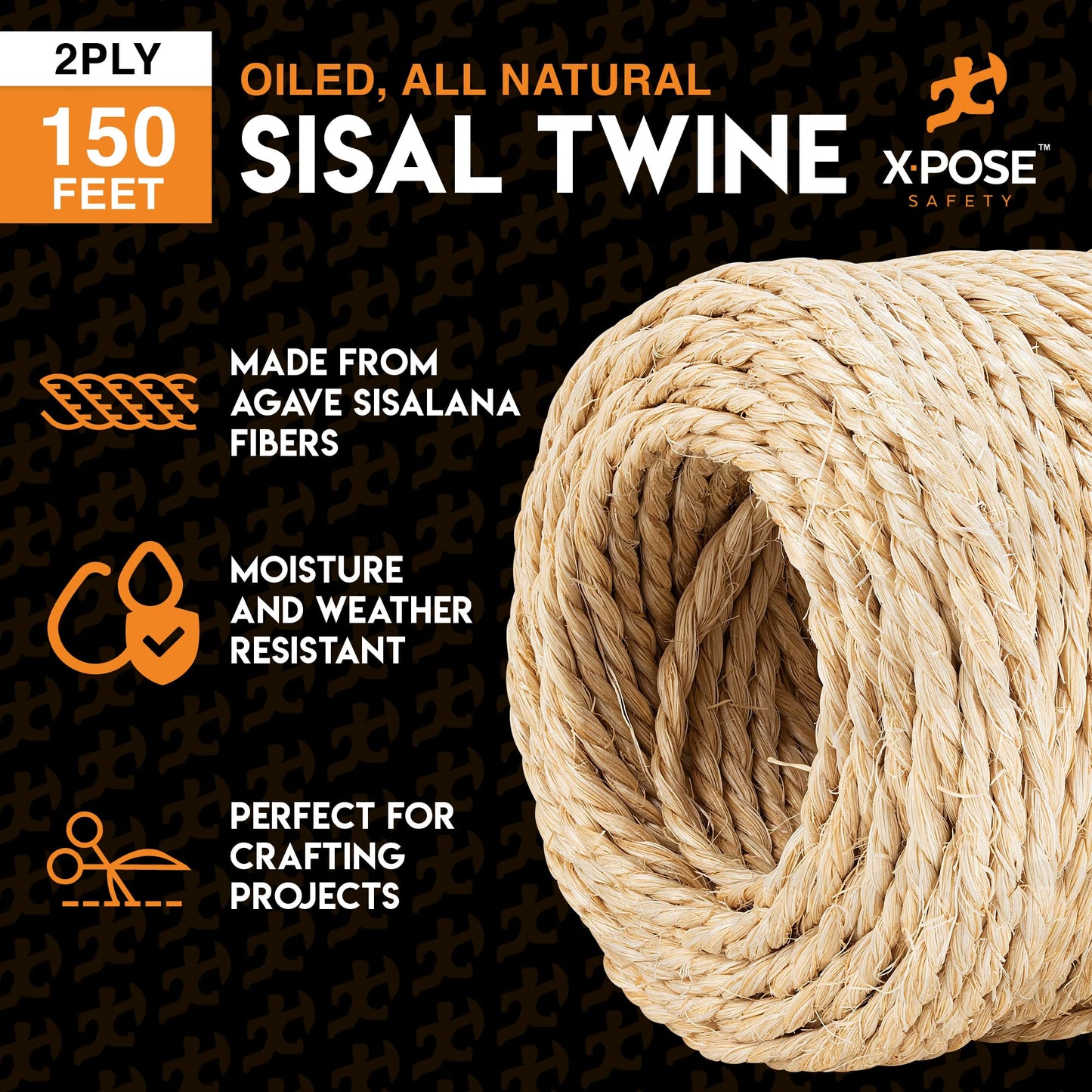 Cuerda de sisal – Cuerda de fibra natural fina de 2 capas de 150 pies en carrete – Poste rascador de gato, cuerda para rascador de gatos, piezas de repuesto para árbol de gato, juguete para mascotas