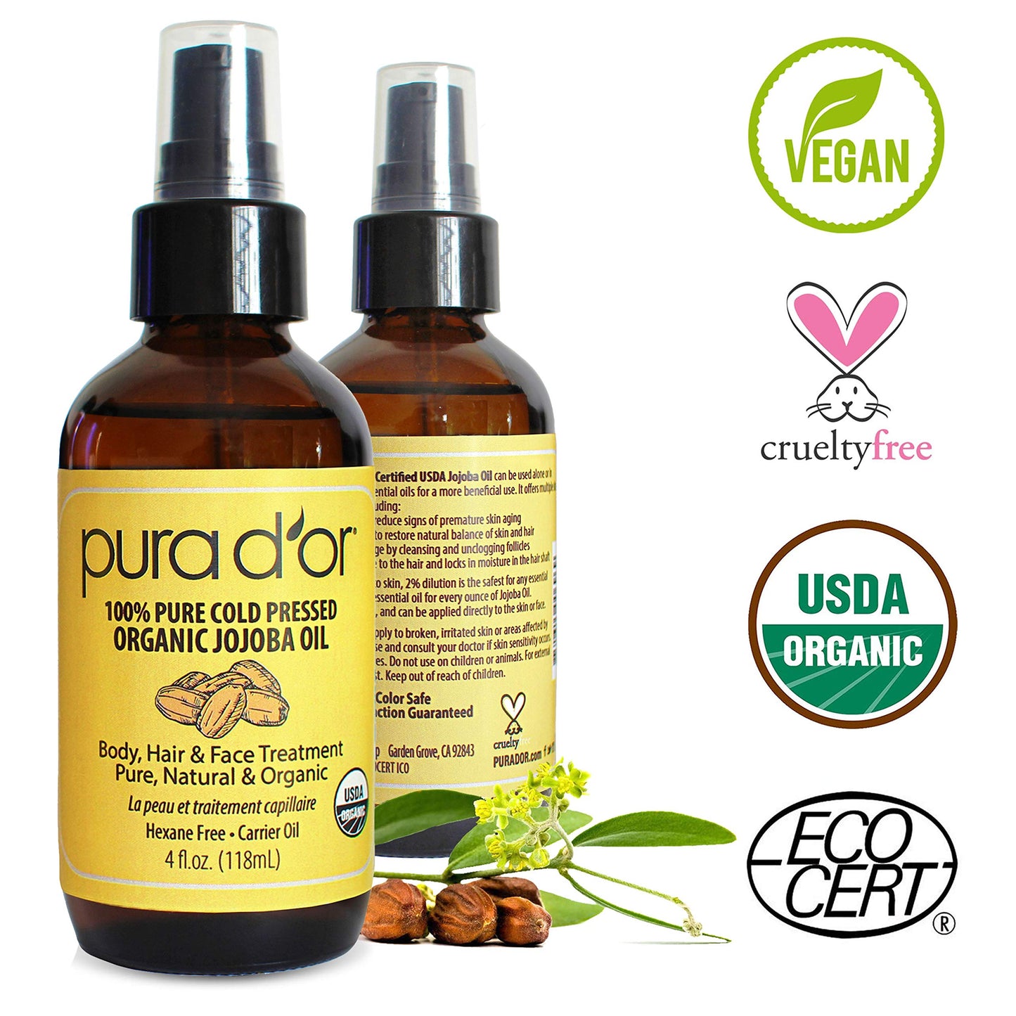 PURA D’OR Organic Jojoba Oil (4oz) USDA Certified - 100% Pure & Natural Moisturizer - Cold Pressed, Unrefined, Hexane Free Base Carrier Oil for DIY Skin Care, Hair, Face & Nails (Packaging may vary)