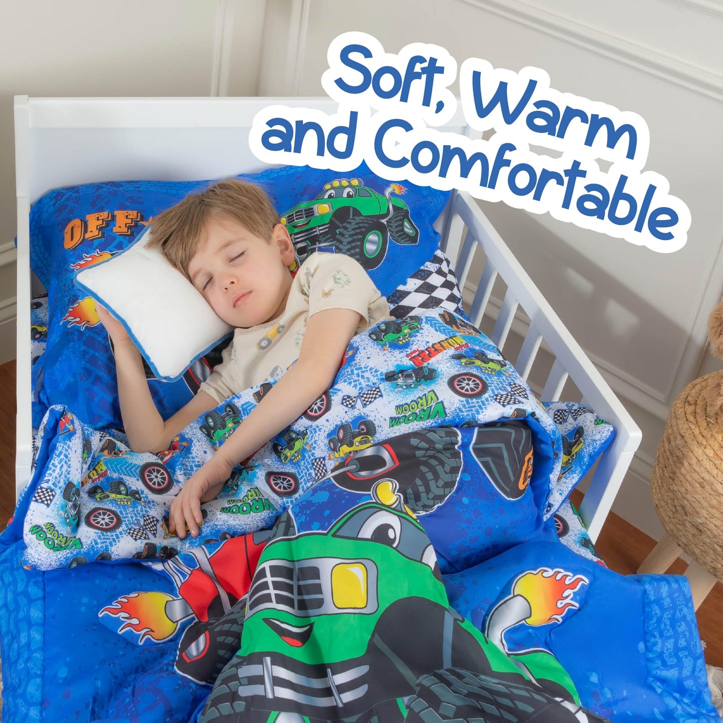 Todays Kids Monster Trucks - Juego de ropa de cama infantil para niños, juego de edredón de 4 piezas para niños, edredón reversible y funda de almohada, sábana encimera, sábana bajera, microfibra
