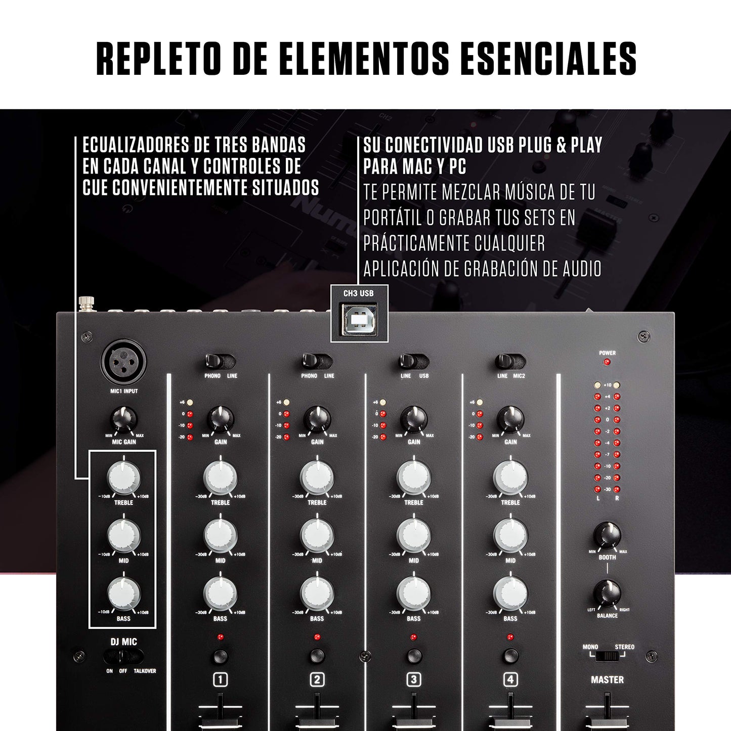 Mezclador DJ Numark M6 USB con Interfaz de Audio Integrada y Crossfader Reemplazable