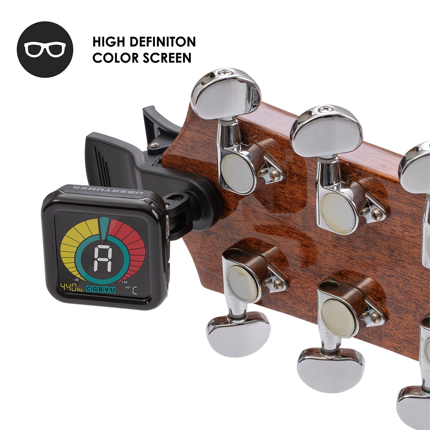 KLIQ UberTuner - Afinador profesional de clip para todos los instrumentos (modos multiteclas) - con guitarra, ukelele, violín, graves y modos de afinación cromática (también para mandolina y banjo)