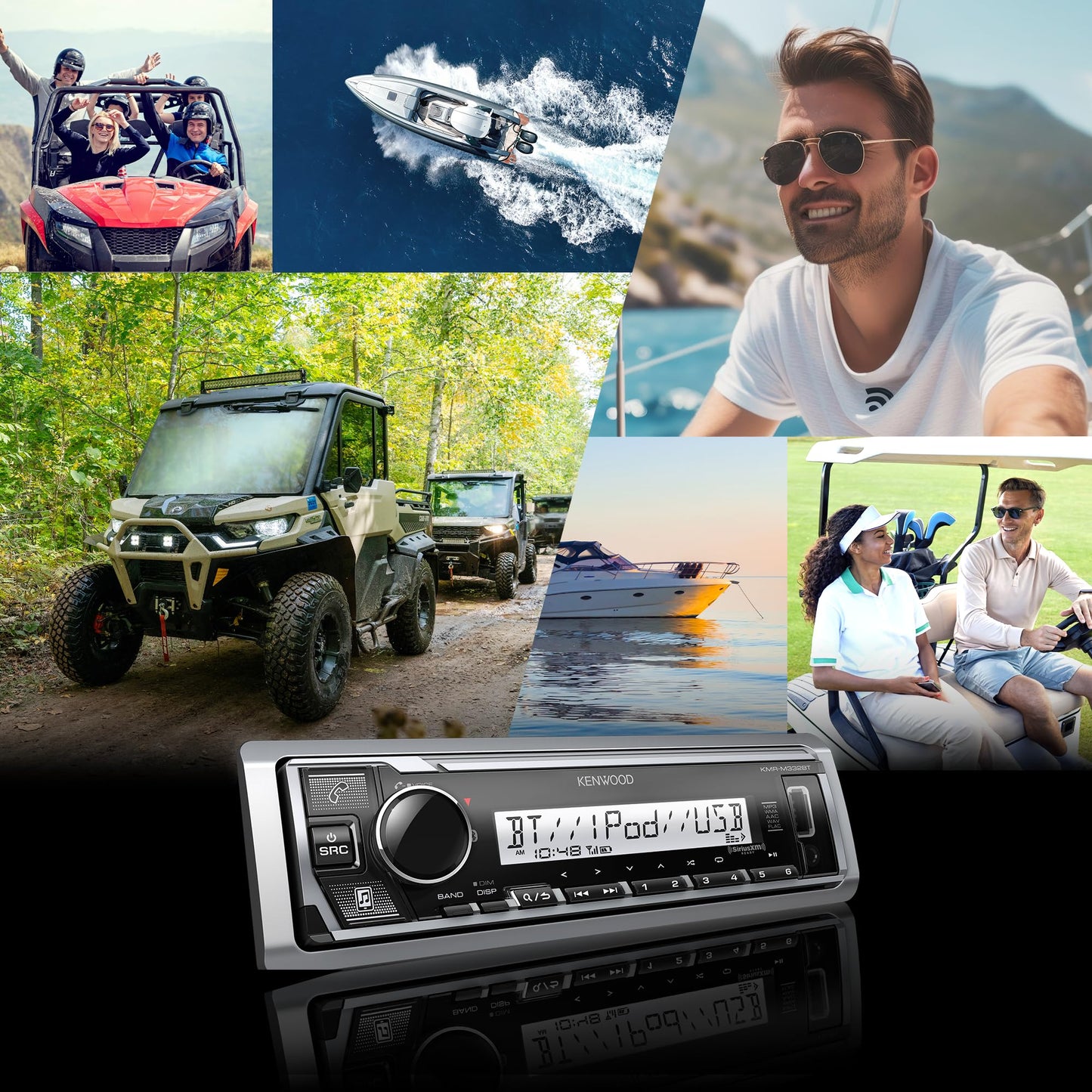 Kenwood KMR-M332BT Estéreo para Auto y Marina, de Un Solo Din, Audio Bluetooth, USB-MP3, Entrada AUX, Radio AM-FM SiriusXM, Resistente a la Intemperie, Iluminación Multicolor