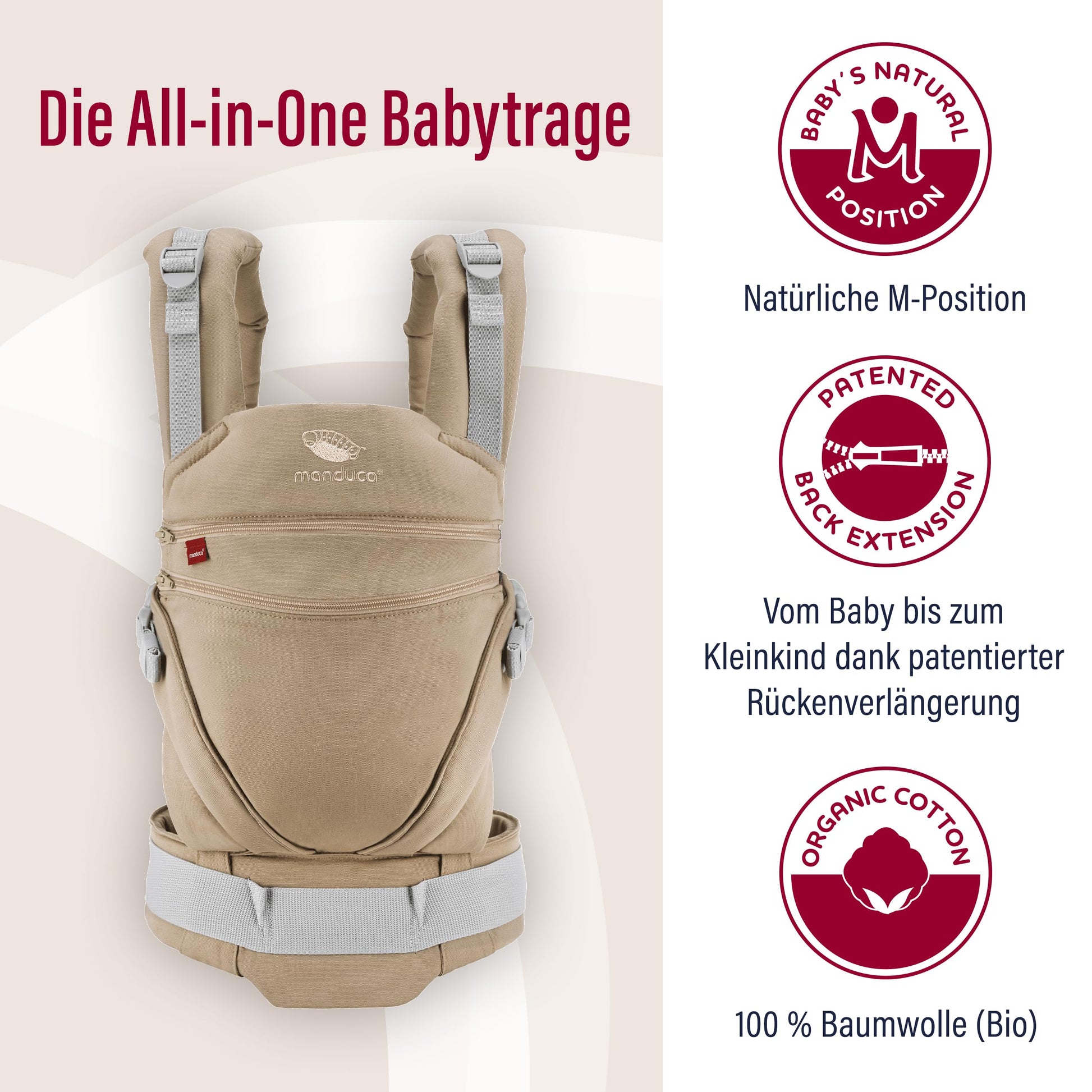Manduca XT, portabebés con asiento ajustable, 3 posiciones de transporte (delantero, cadera y espalda), algodón orgánico, crece con tu bebé (3,5-20 kg), Monochrome Nougat, XT Cotton