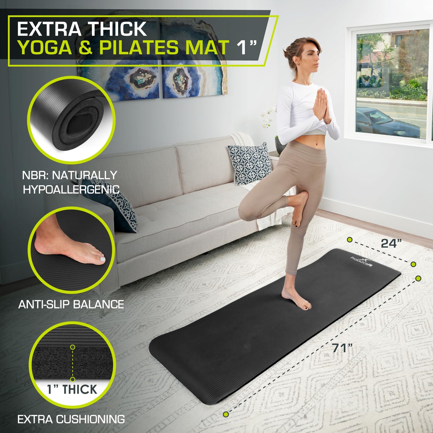 Colchoneta para Yoga y Pilates ProsourceFit Negra de Alta Densidad con Espuma Cómoda y Correa de Transporte