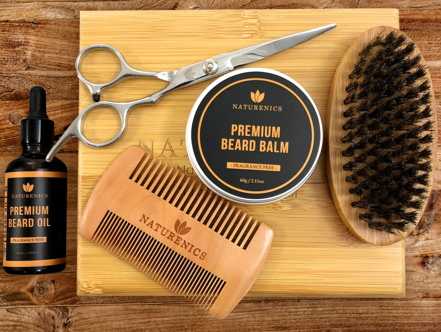 Naturenics Premium Beard Grooming & Trimming Kit for Mens Hair Care | Unscented Beard & Mustache Growth Oil, Wax Balm Butter, Brush, Dual Teeth Comb, Barber Scissors with Bamboo Gift Box & eBook