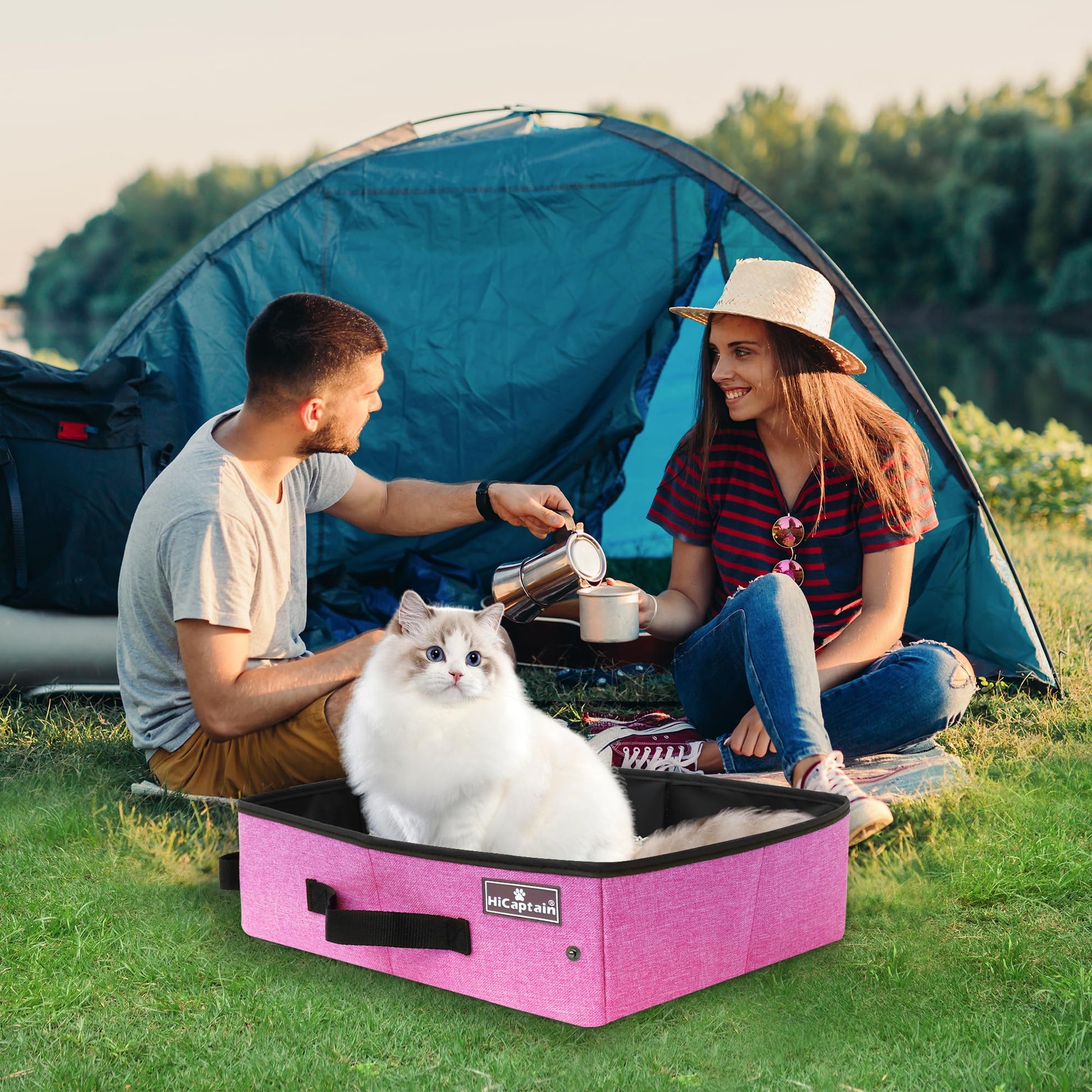 HiCaptain - Caja de arena portátil de viaje para gatos, caja de arena plegable a prueba de fugas para viajar en coche, bandeja plegable para gatos medianos, resistente, ligero y rosa