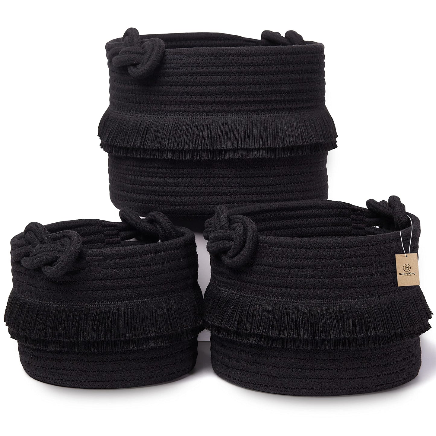 NaturalCozy Juego de 3 cestas decorativas de almacenamiento – Cestas tejidas pequeñas de cuerda de algodón negro para organizar para guardería, artículos para bebé, regalo, tocador, Montessori, cubo