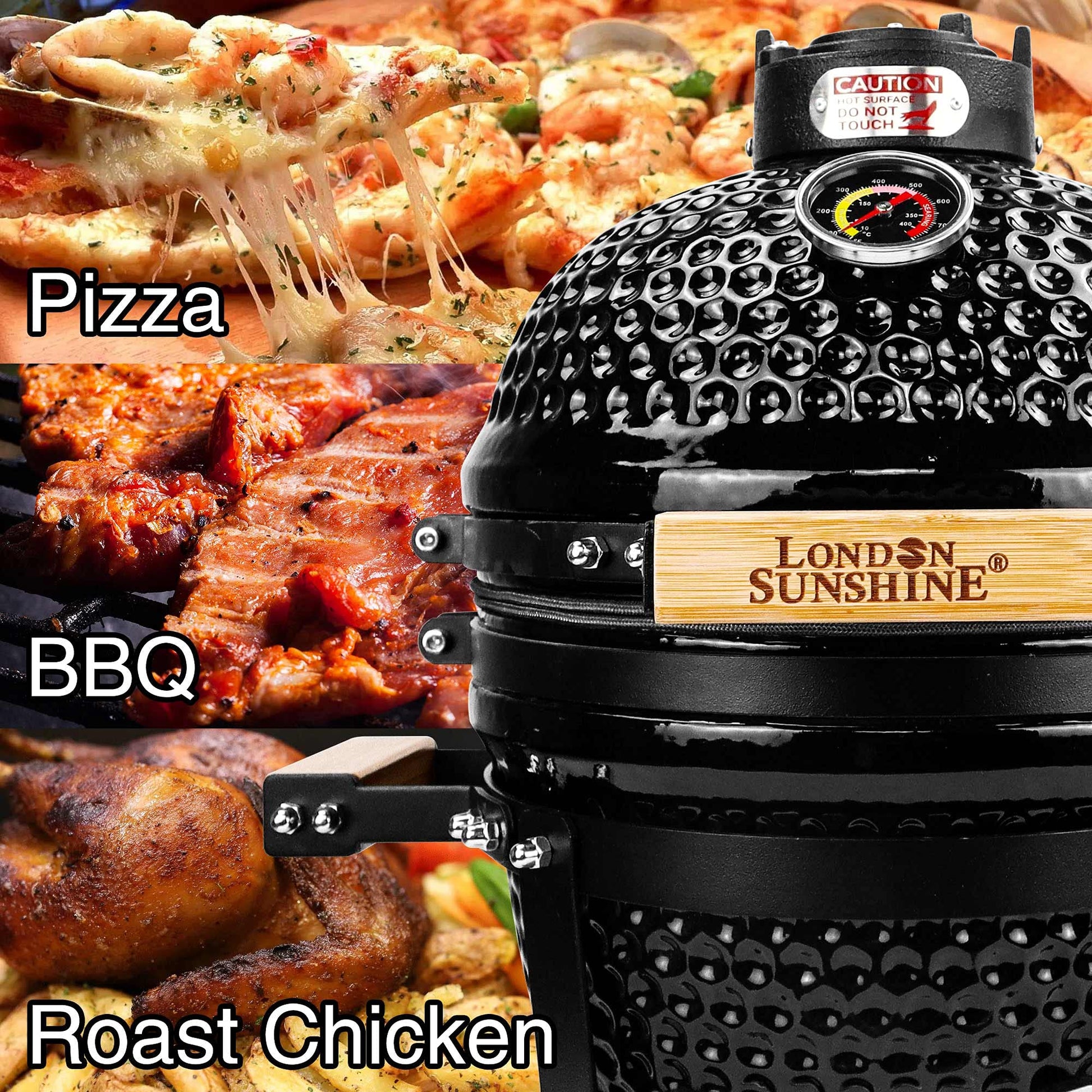 London Sunshine - Parrilla de cerámica de carbón Kamado, con rejillas de acero inoxidable, portátil de sobremesa, 33 cm, negro