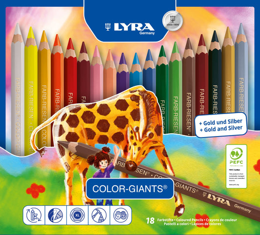 LYRA Color-Giants Lacquered Colored Pencils, 6.25mm Cores, Set of 18, Assorted Colors (3941181)
