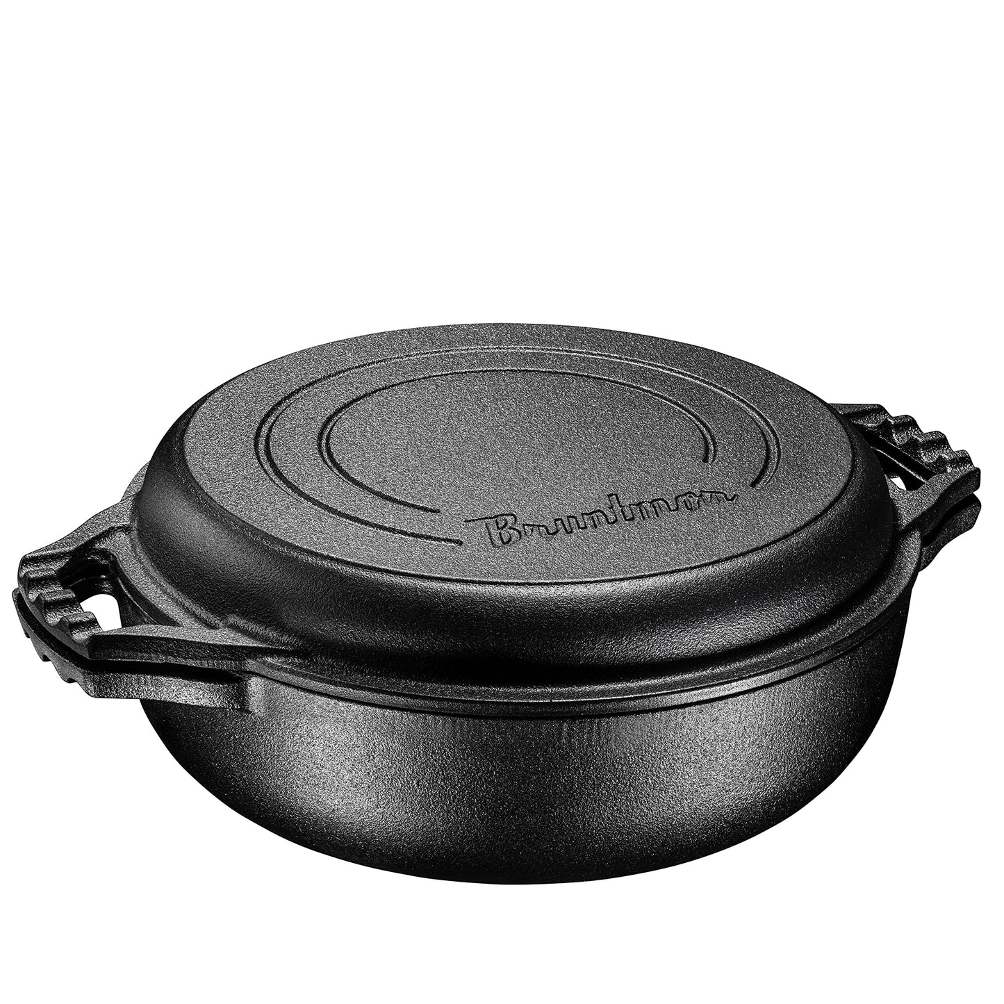 Bruntmor - Horno holandés de hierro fundido presazonado 2 en 1 con doble asa, cacerola doble de cocotte con tapa para parrilla, 3.3 cuartos de galón, parrilla para barbacoa, freidora, juego de