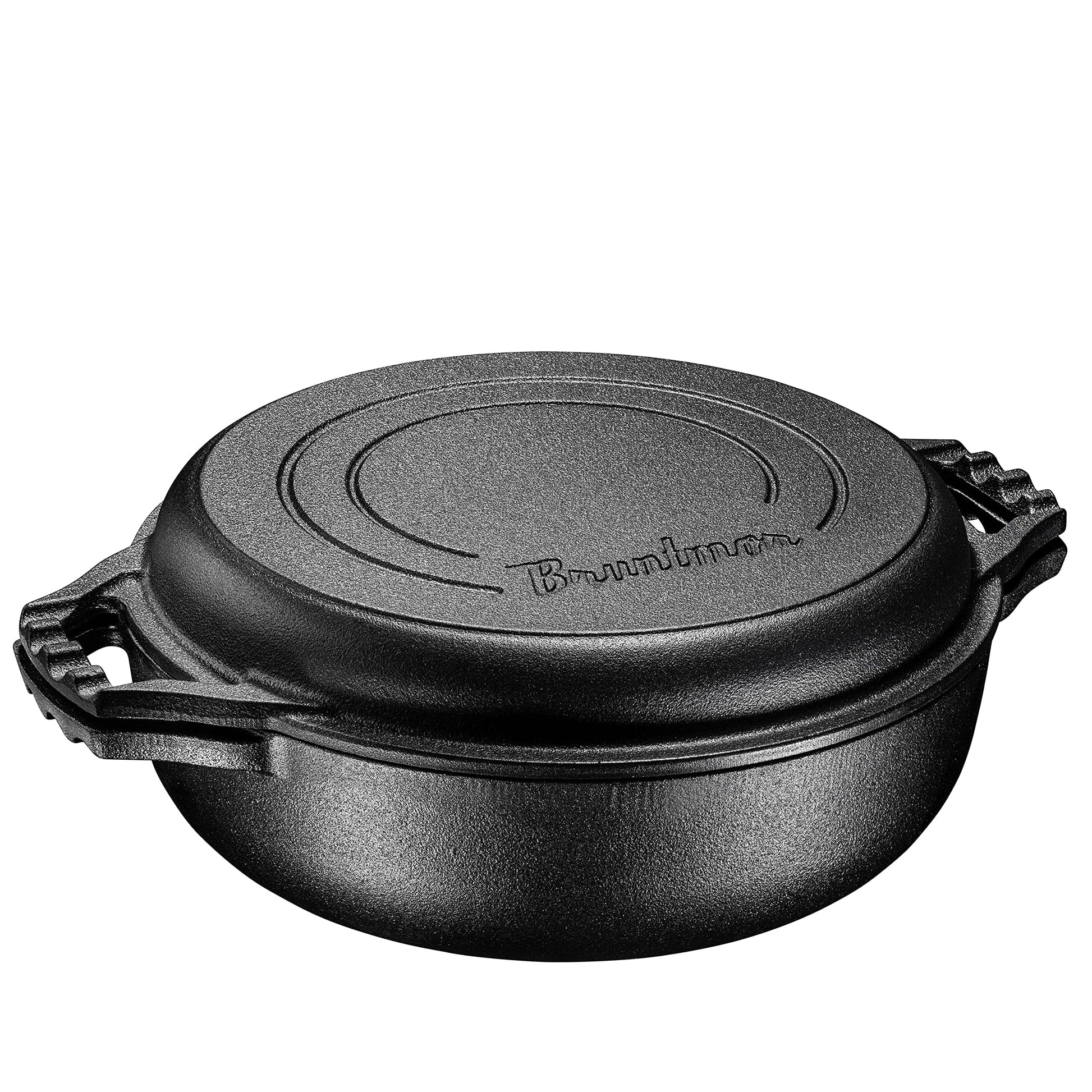 Bruntmor - Horno holandés de hierro fundido presazonado 2 en 1 con doble asa, cacerola doble de cocotte con tapa para parrilla, 3.3 cuartos de galón, parrilla para barbacoa, freidora, juego de