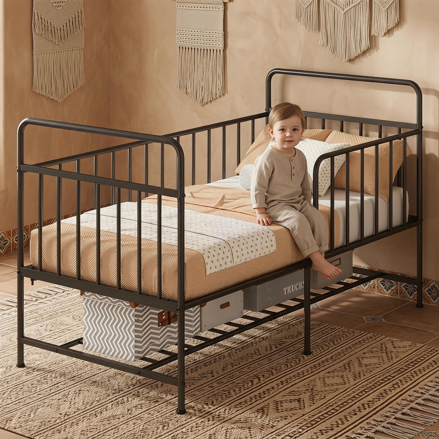 Uzelia Cuna Convertible para Bebé 4 en 1, Cuna para Bebé de Metal con Barandales de Seguridad, Cama Infantil, Daybed y Sofá para Niños, Estructura Resistente con Almacenamiento Inferior, Negro